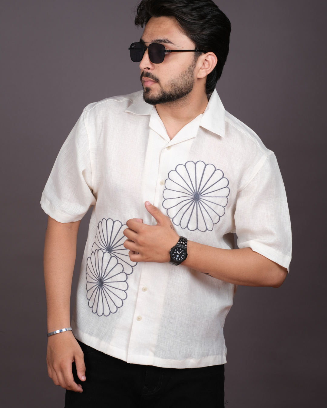 Men’s Linen Cuban Collar Shirt with Bold Floral