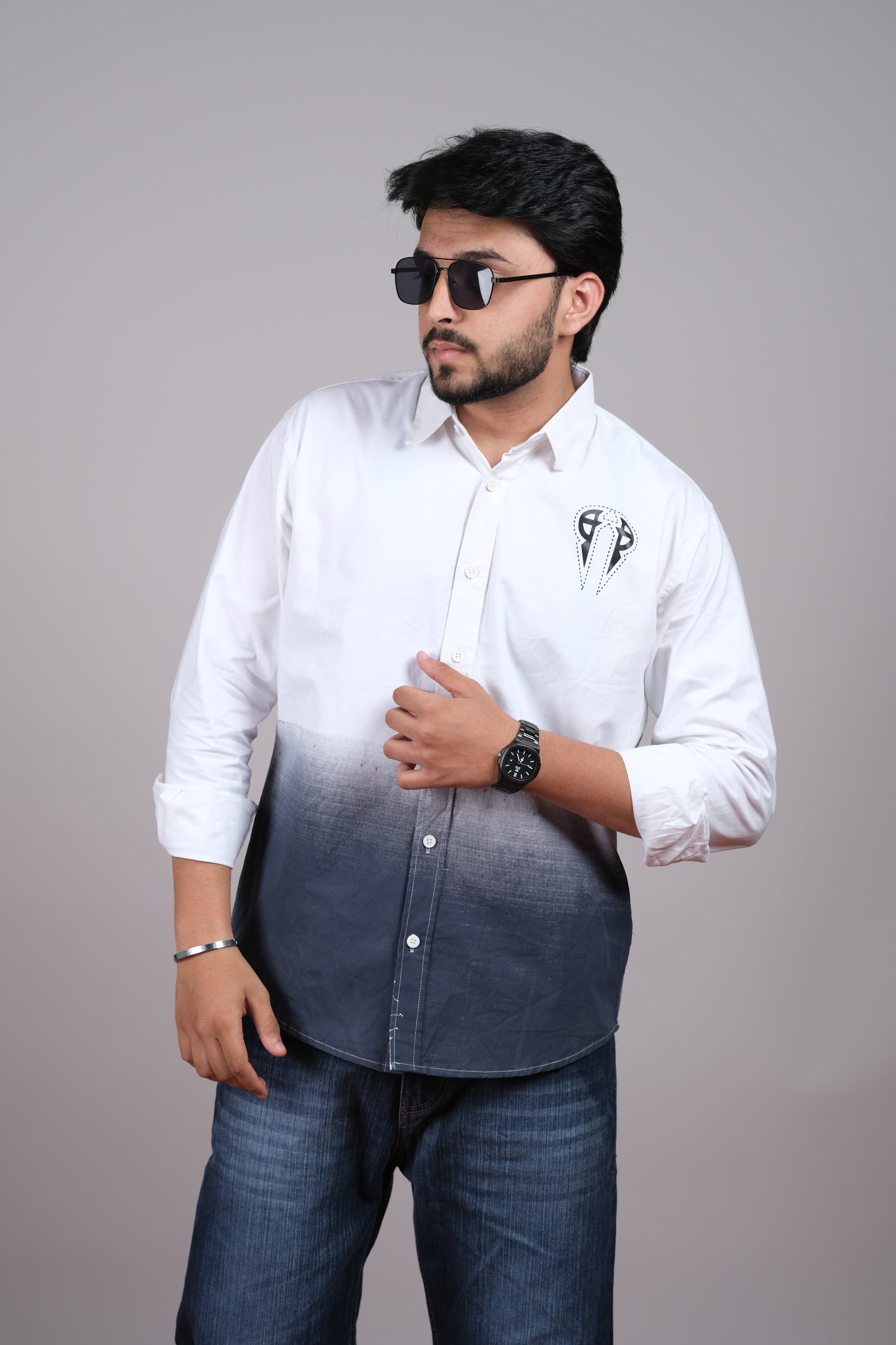 Men's Ombre White & Black Cotton Casual Shirt