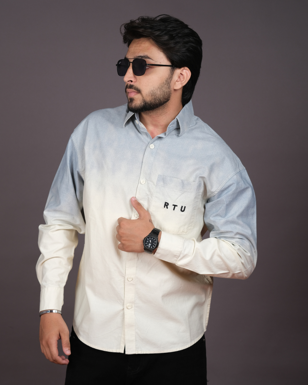 Men’s Sky Blue & Cream Ombre Long Sleeve Cotton Shirt