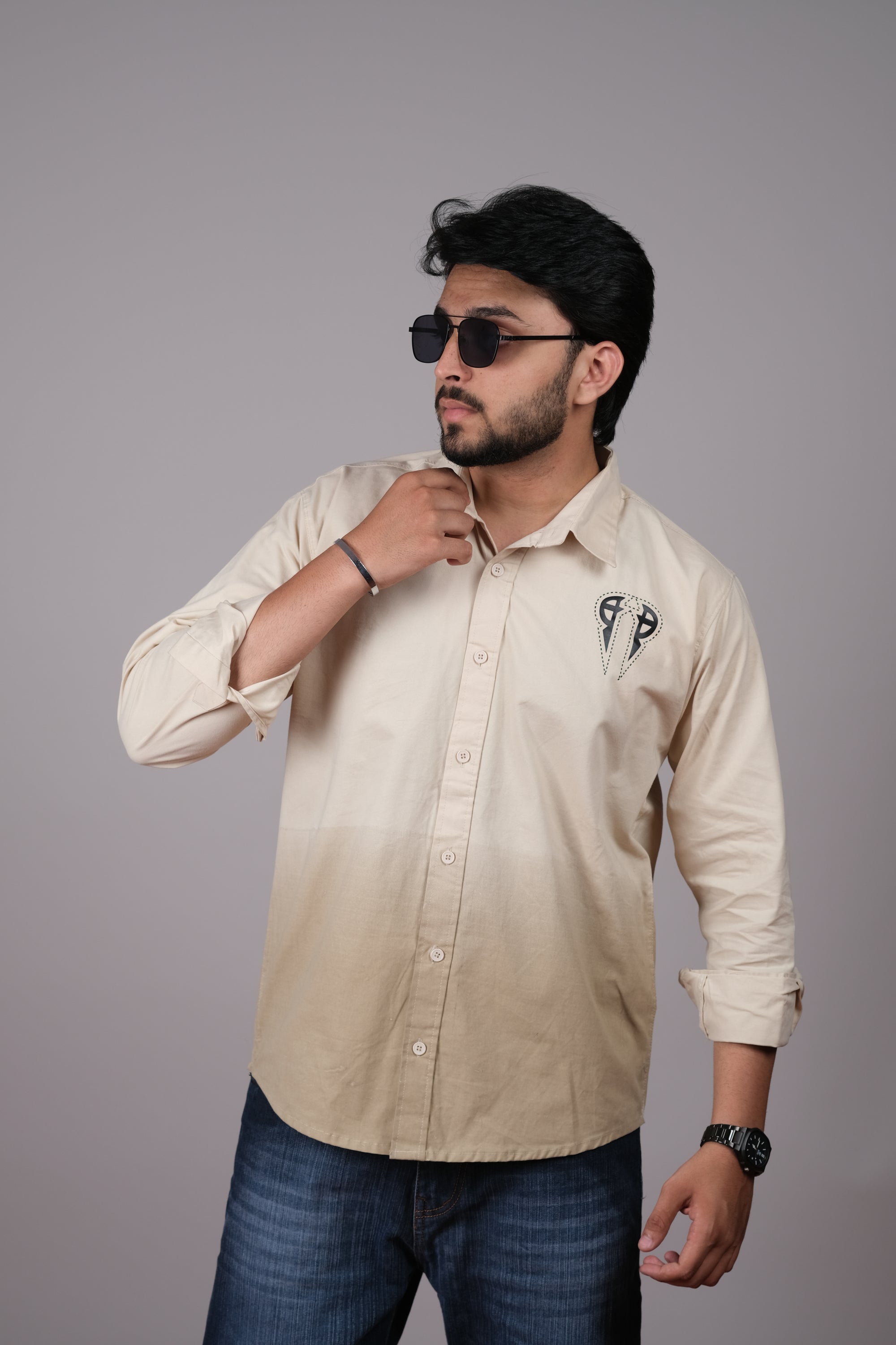 Men's Ombre Beige-Light Brown Cotton Shirt | Casual Style