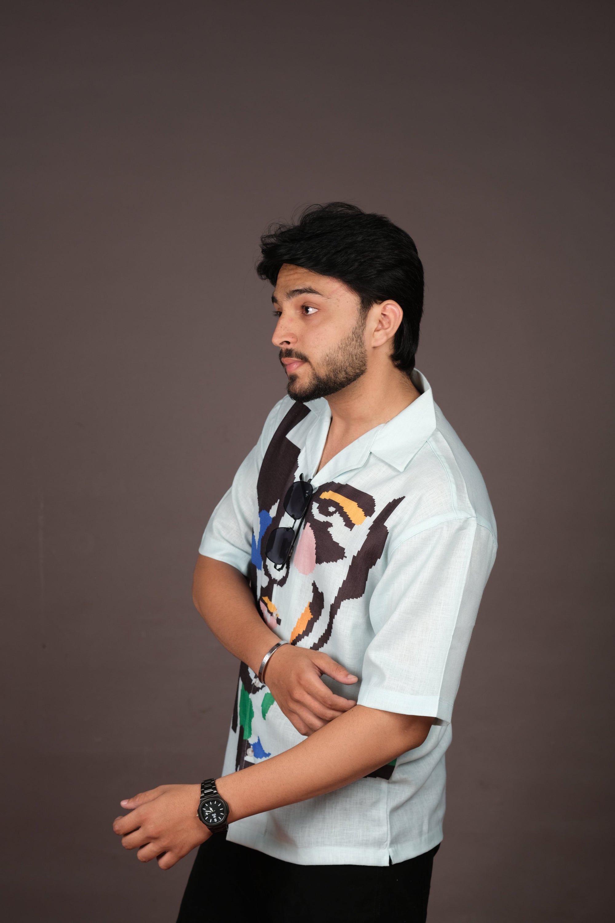 Men's Portrait Art Light Blue Linen Blend Shirt