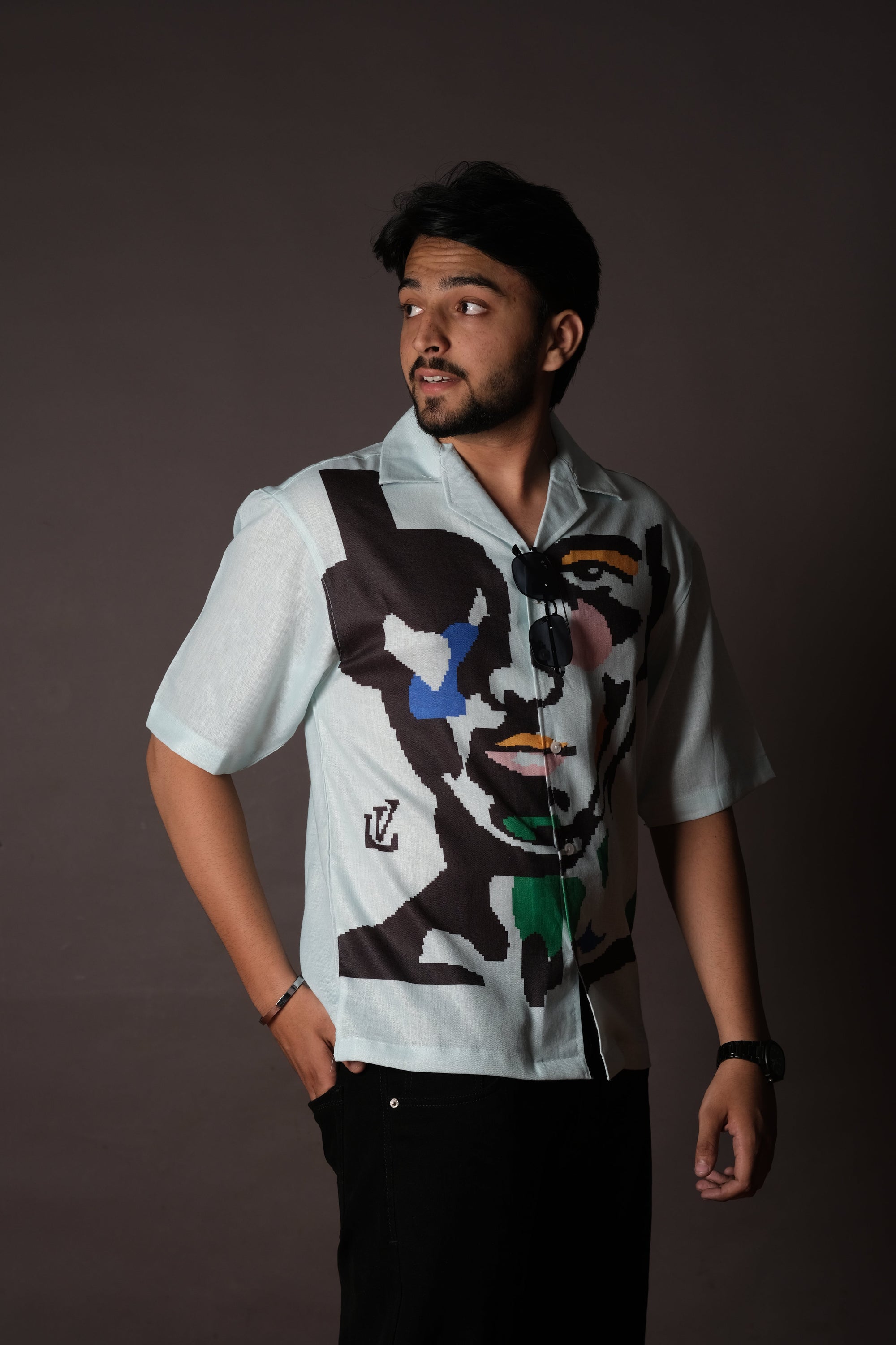 Men's Portrait Art Light Blue Linen Blend Shirt