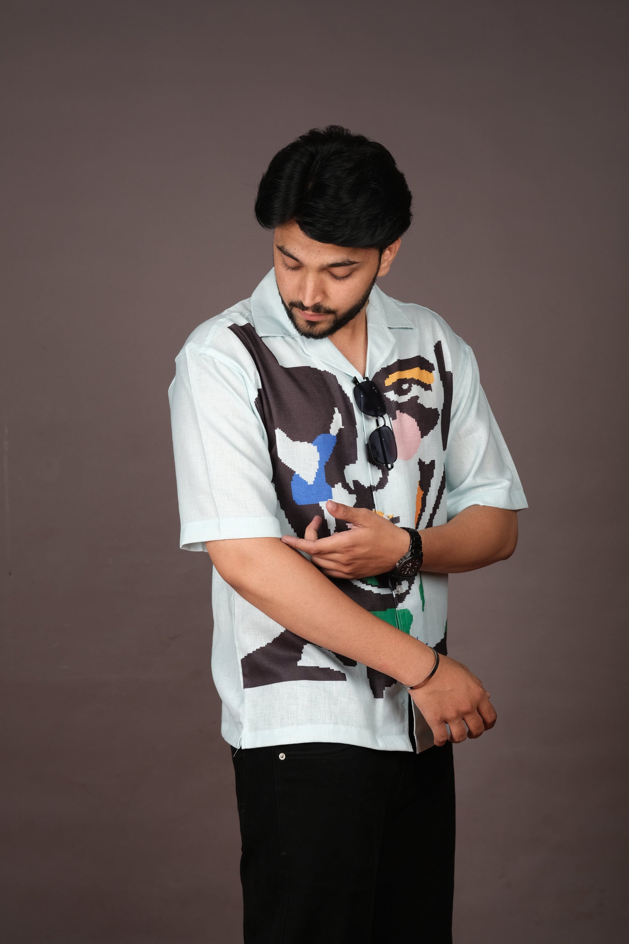 Men's Portrait Art Light Blue Linen Blend Shirt