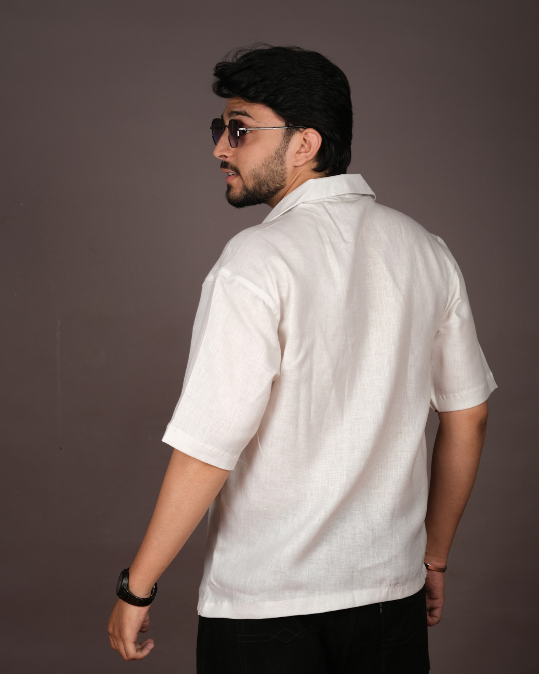 Men's Face Art White Linen Blend Shirt