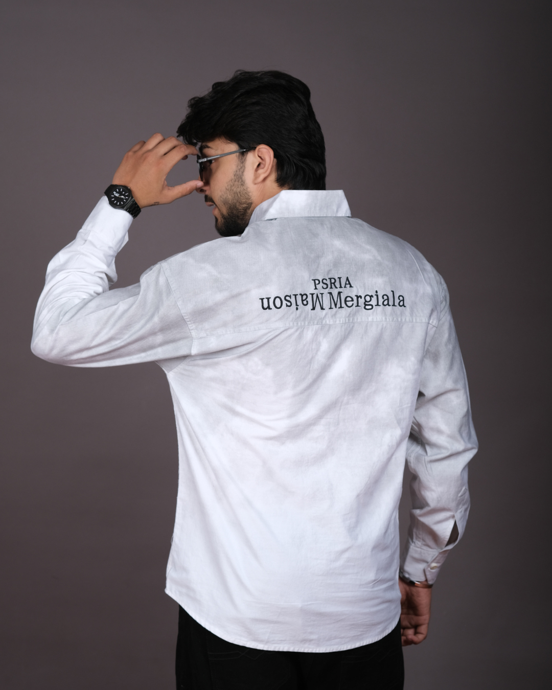 Men’s White & Grey Tie‑Dye Ombre Long Sleeve Shirt