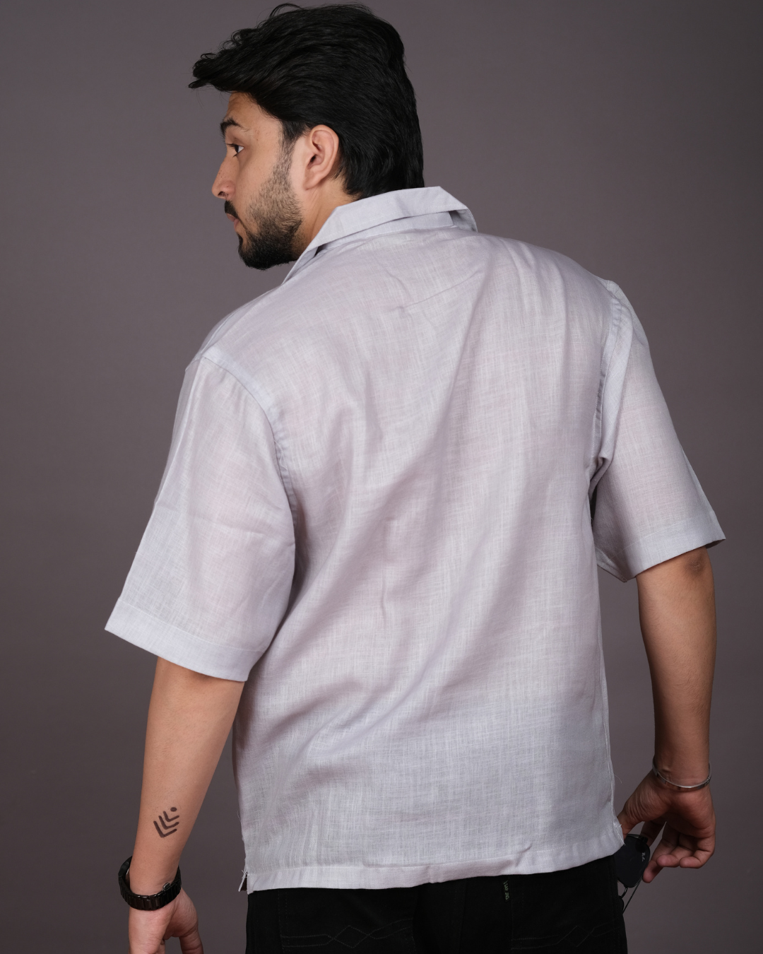Men's Modern Abstract Print Light Grey Linen Blend Shirt