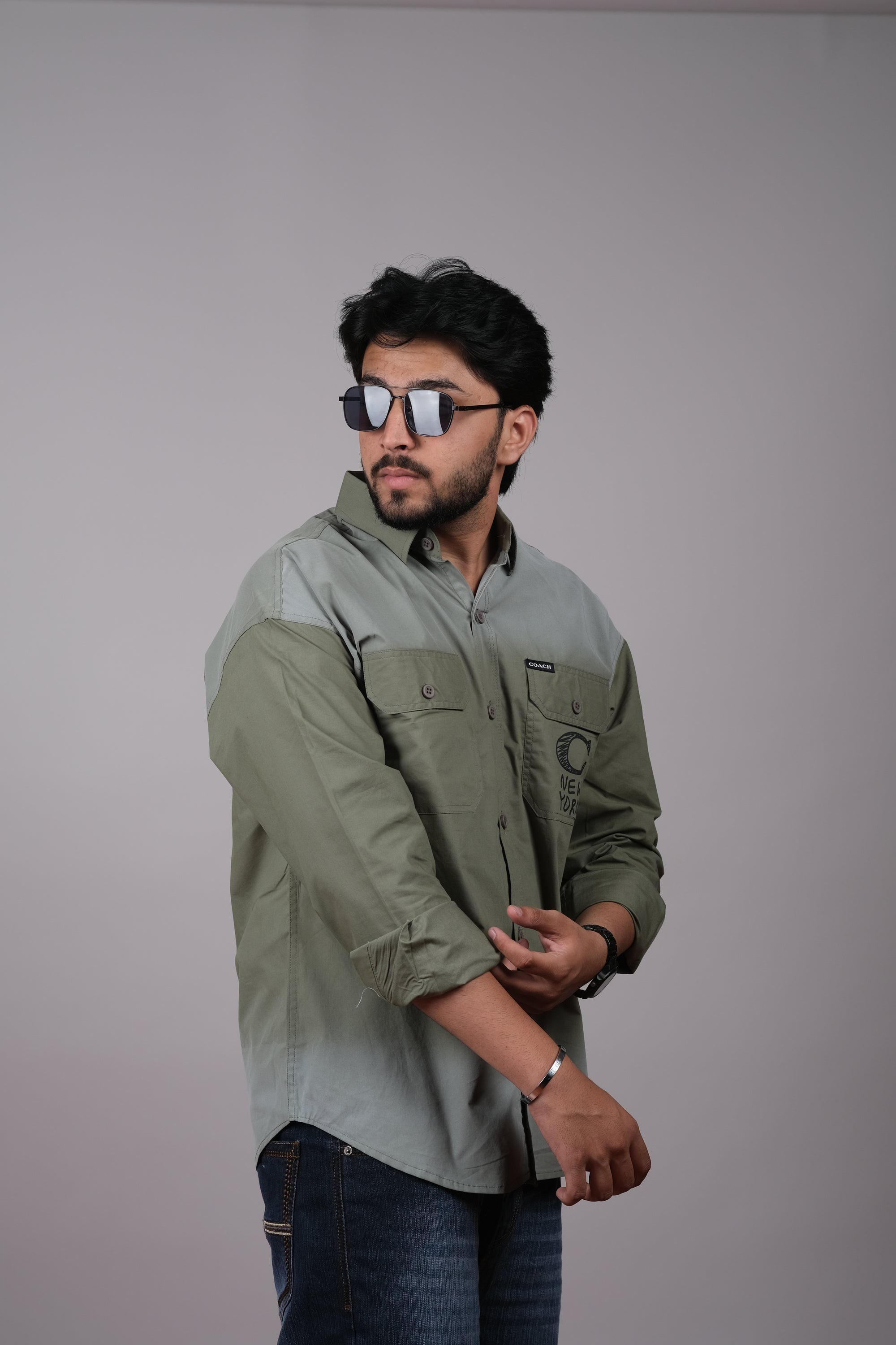 Stylish Olive Green Colorblock Shirt for Men