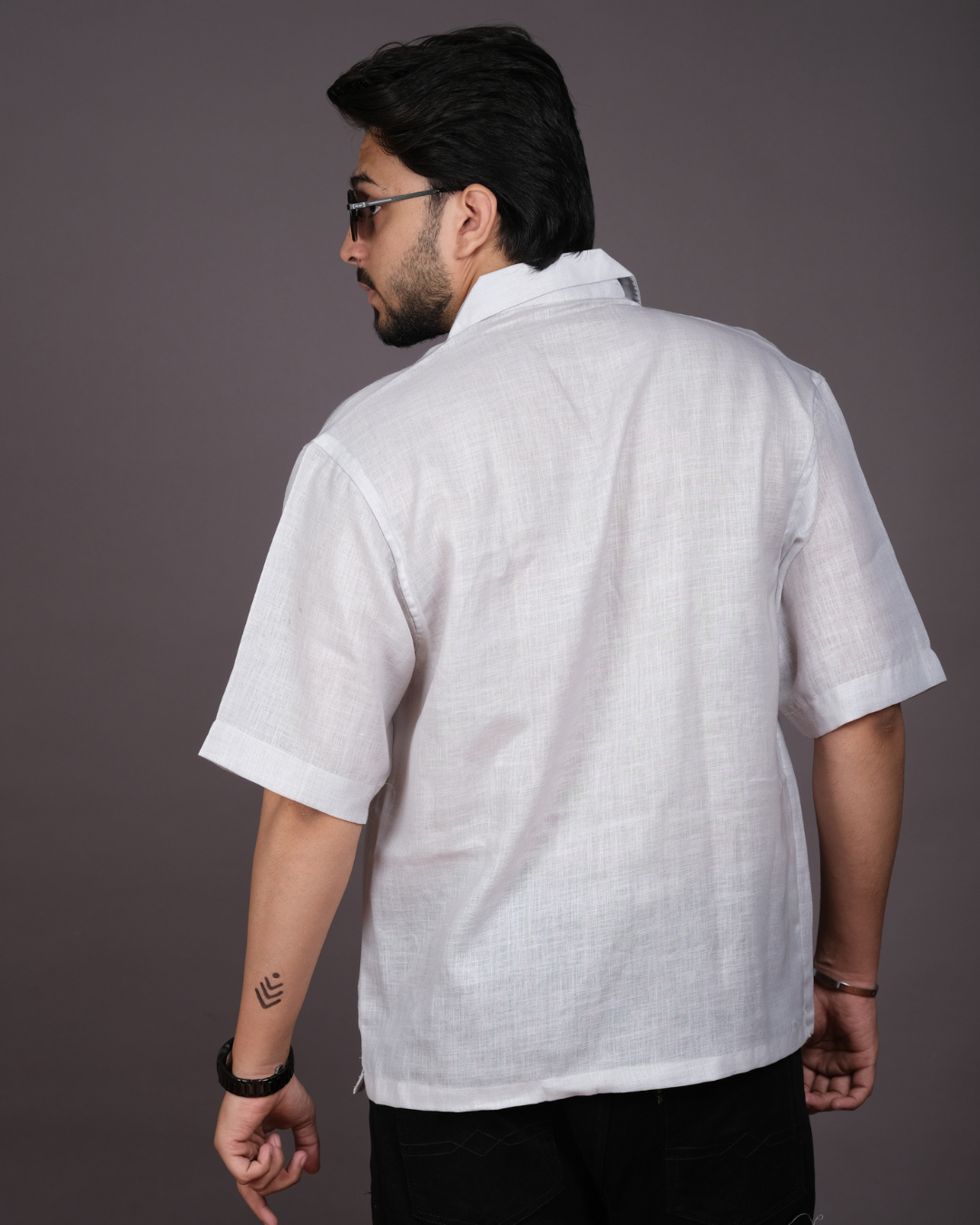 Men's Modern Abstract Print White Linen Blend Shirt