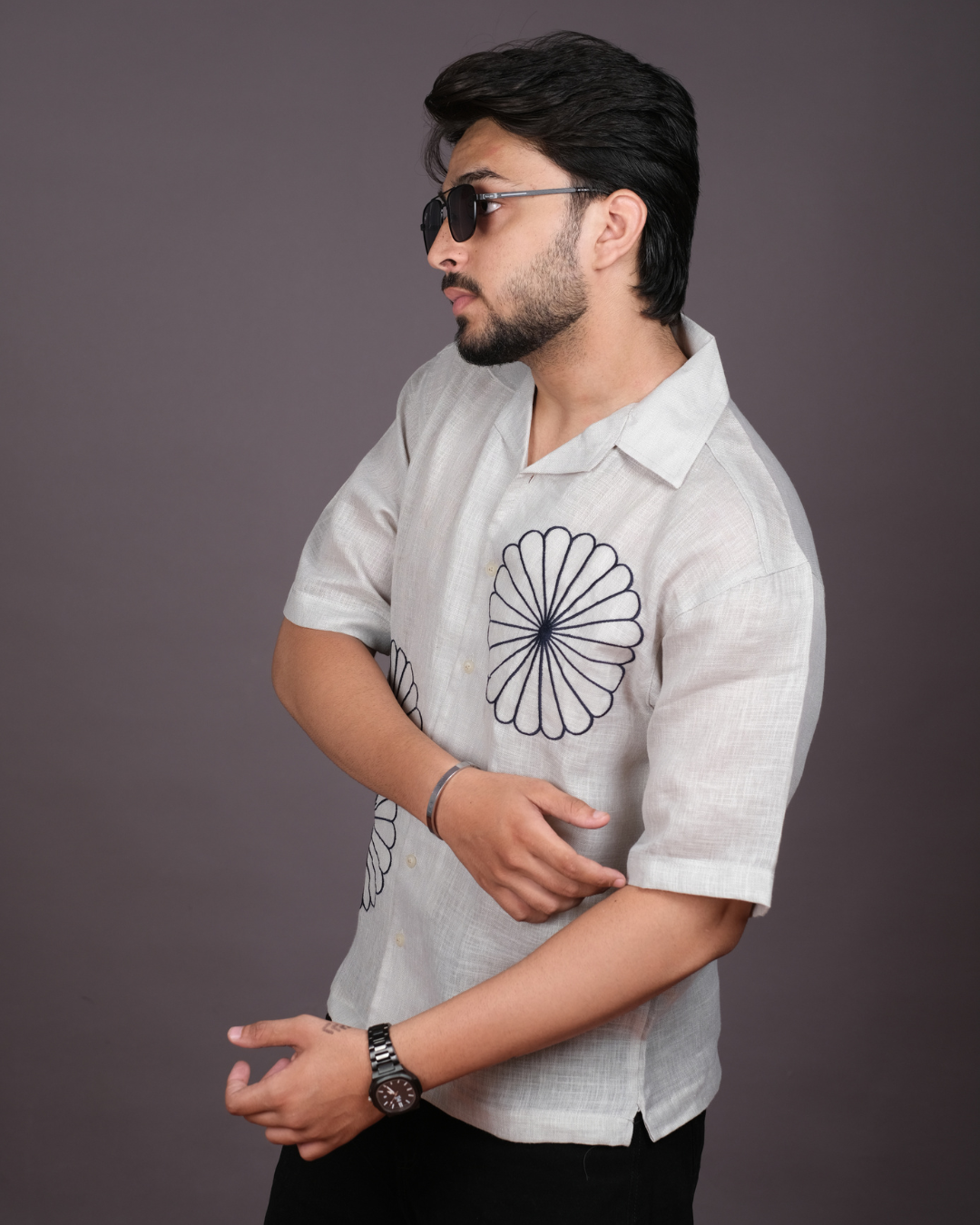 Men’s Linen Cuban Collar Shirt with Bold Floral