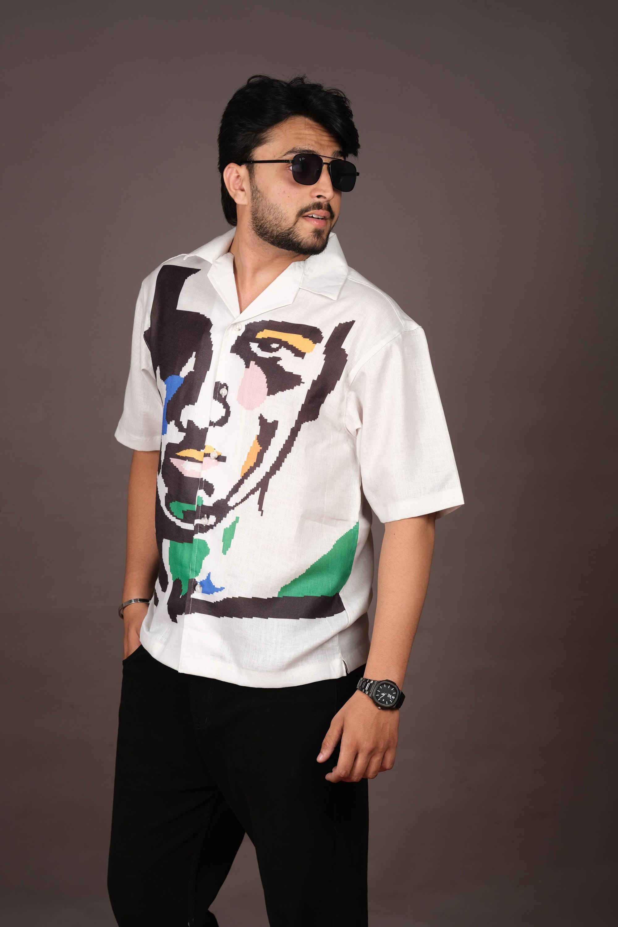 Men's Portrait Art White Linen Blend Shirt