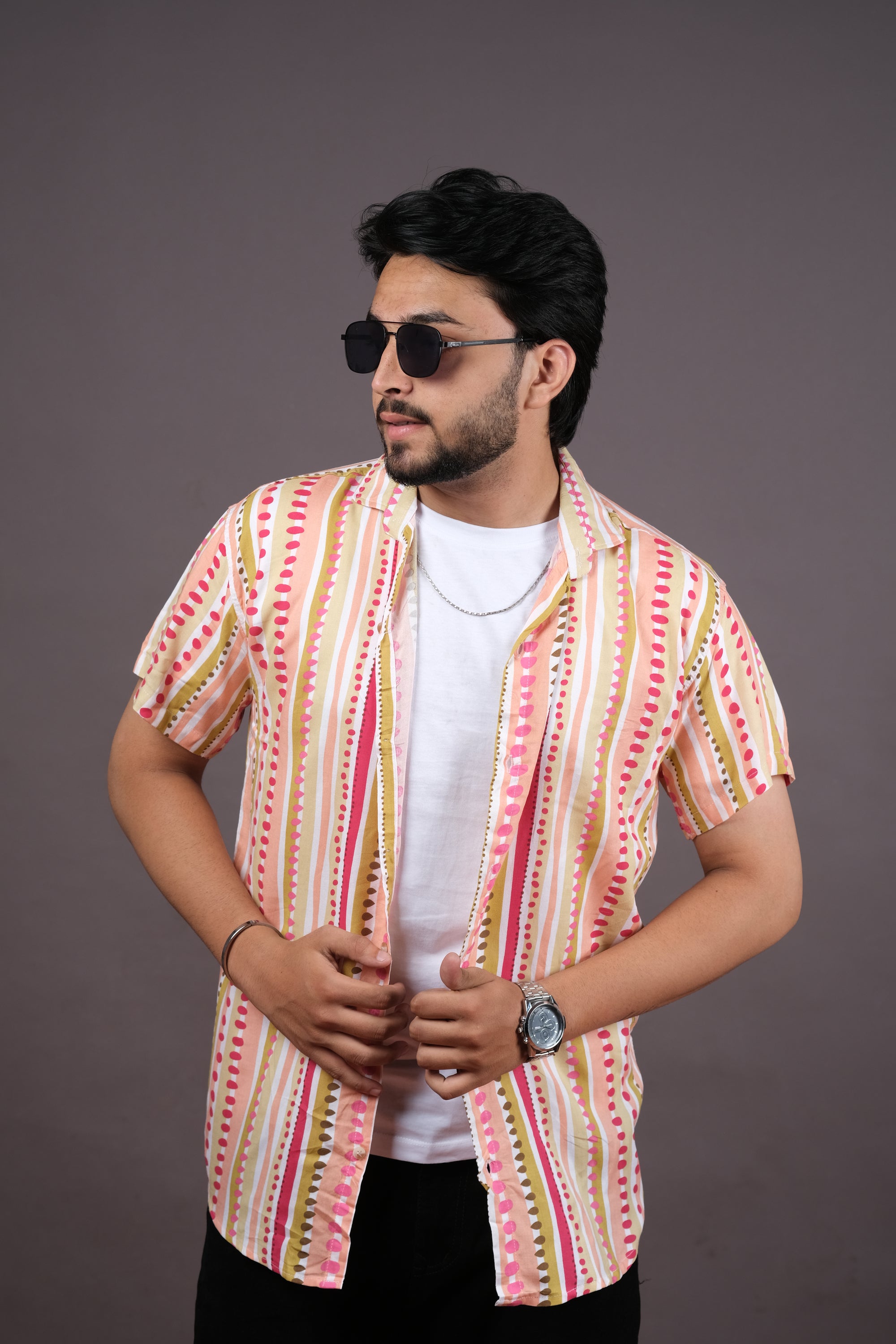 Men’s Blue Yellow Striped Printed Shirt