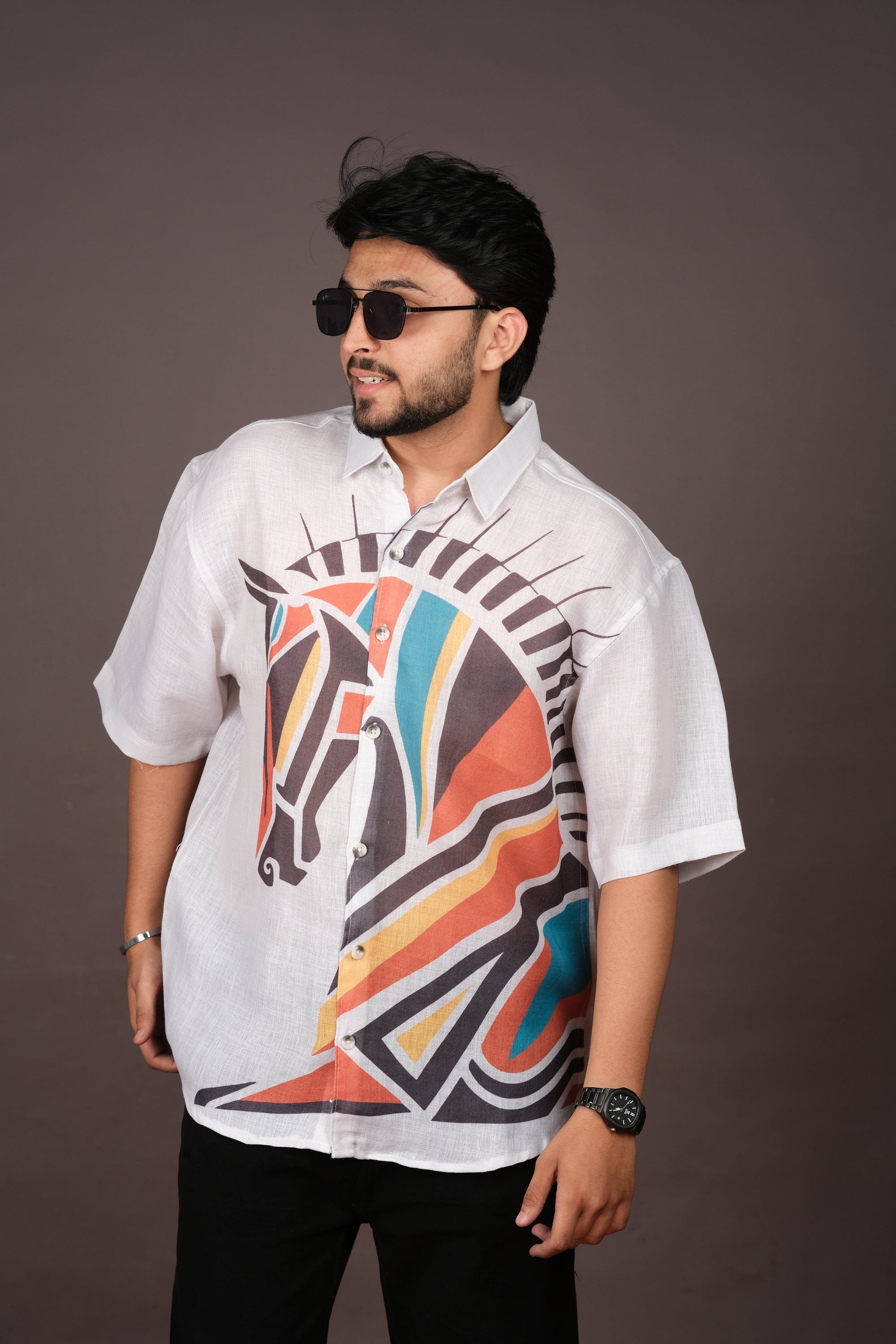 Men's Horse Print White Linen Blend Shirt