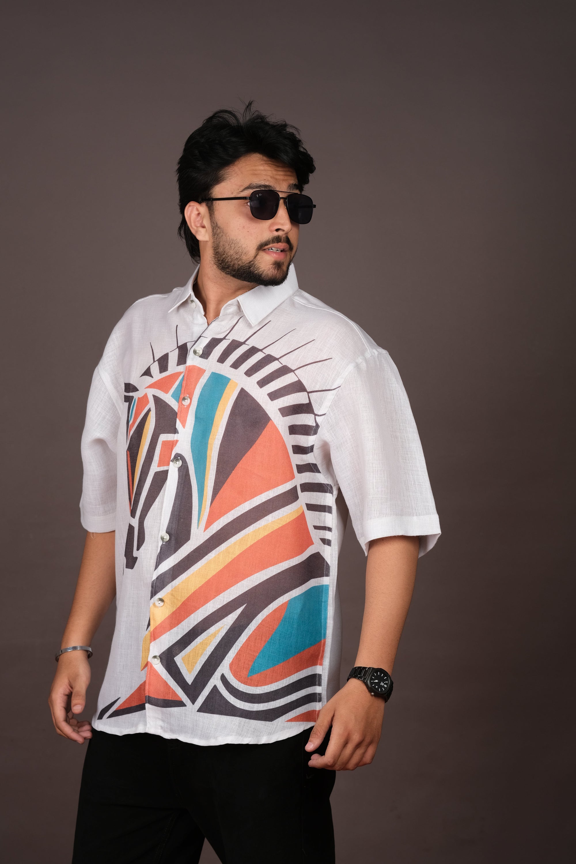 Men's Horse Print White Linen Blend Shirt