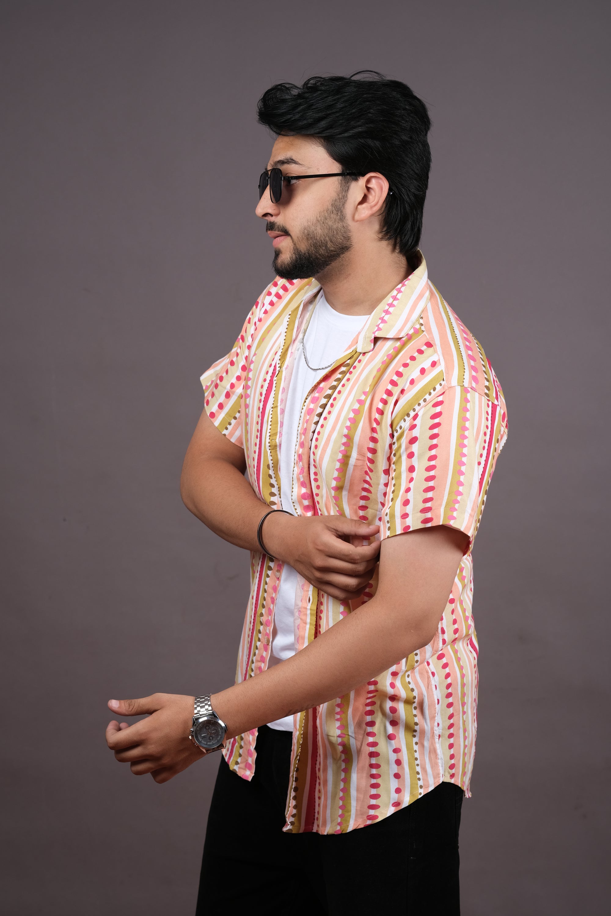 Men’s Blue Yellow Striped Printed Shirt