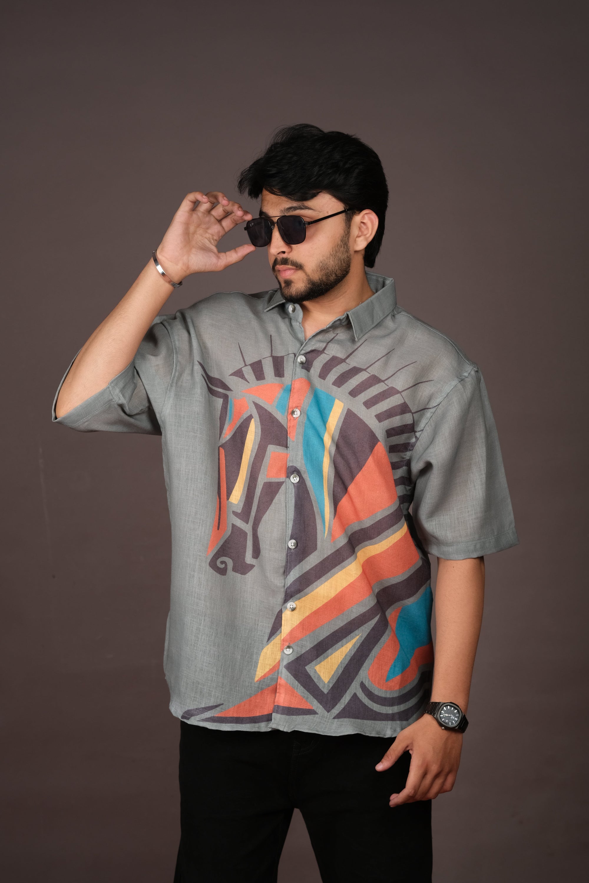 Men's Horse Print Grey Linen Blend Shirt