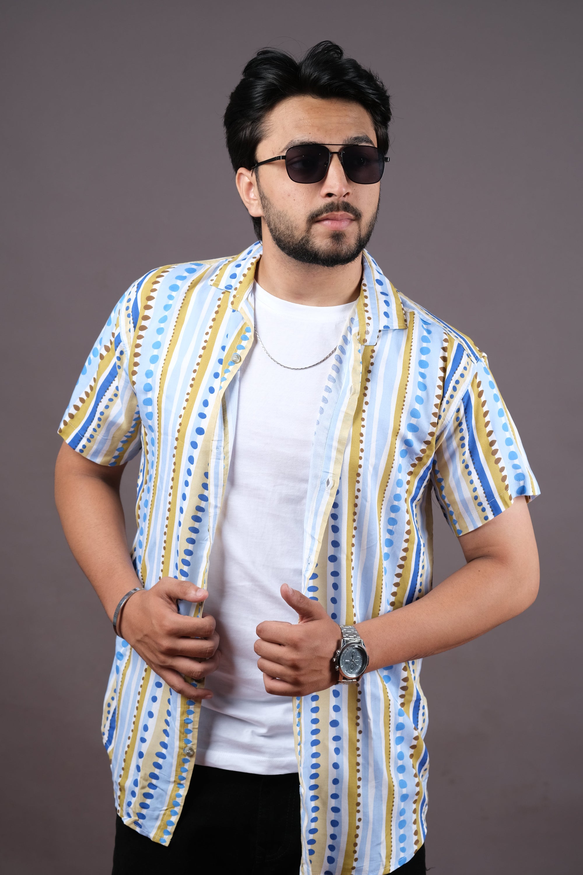 Men’s Blue Yellow Striped Printed Shirt