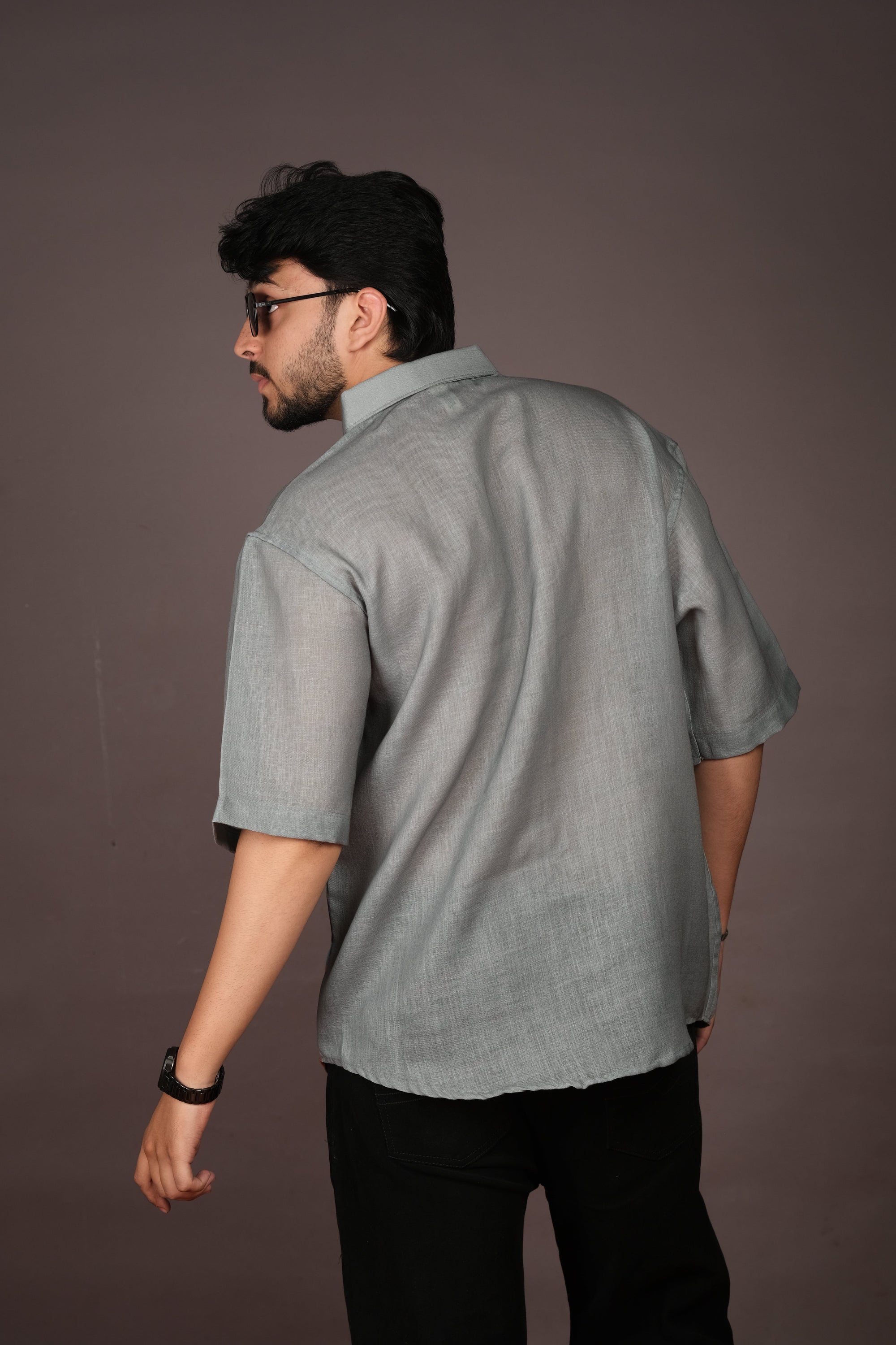 Men's Horse Print Grey Linen Blend Shirt
