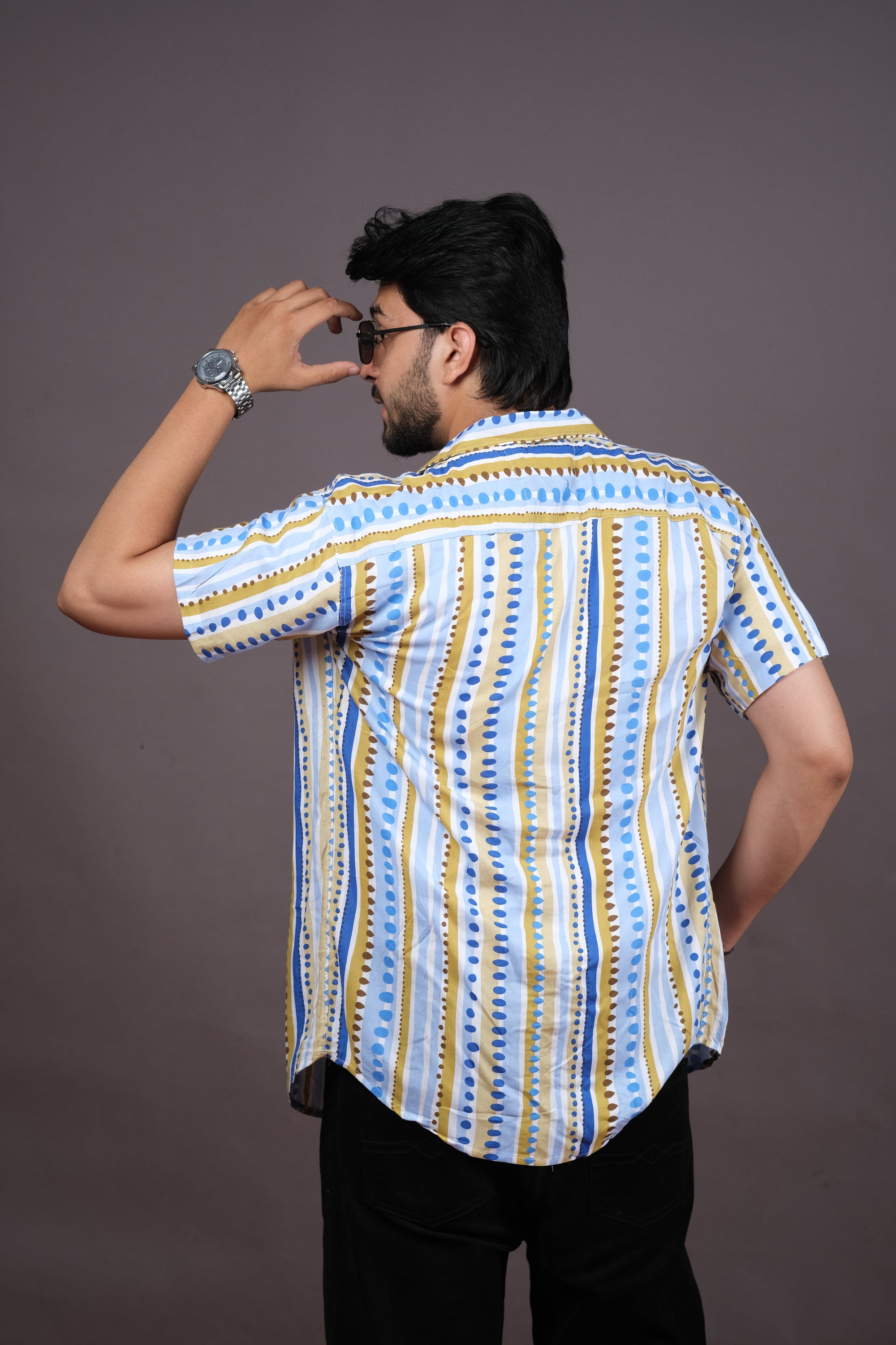 Men’s Blue Yellow Striped Printed Shirt