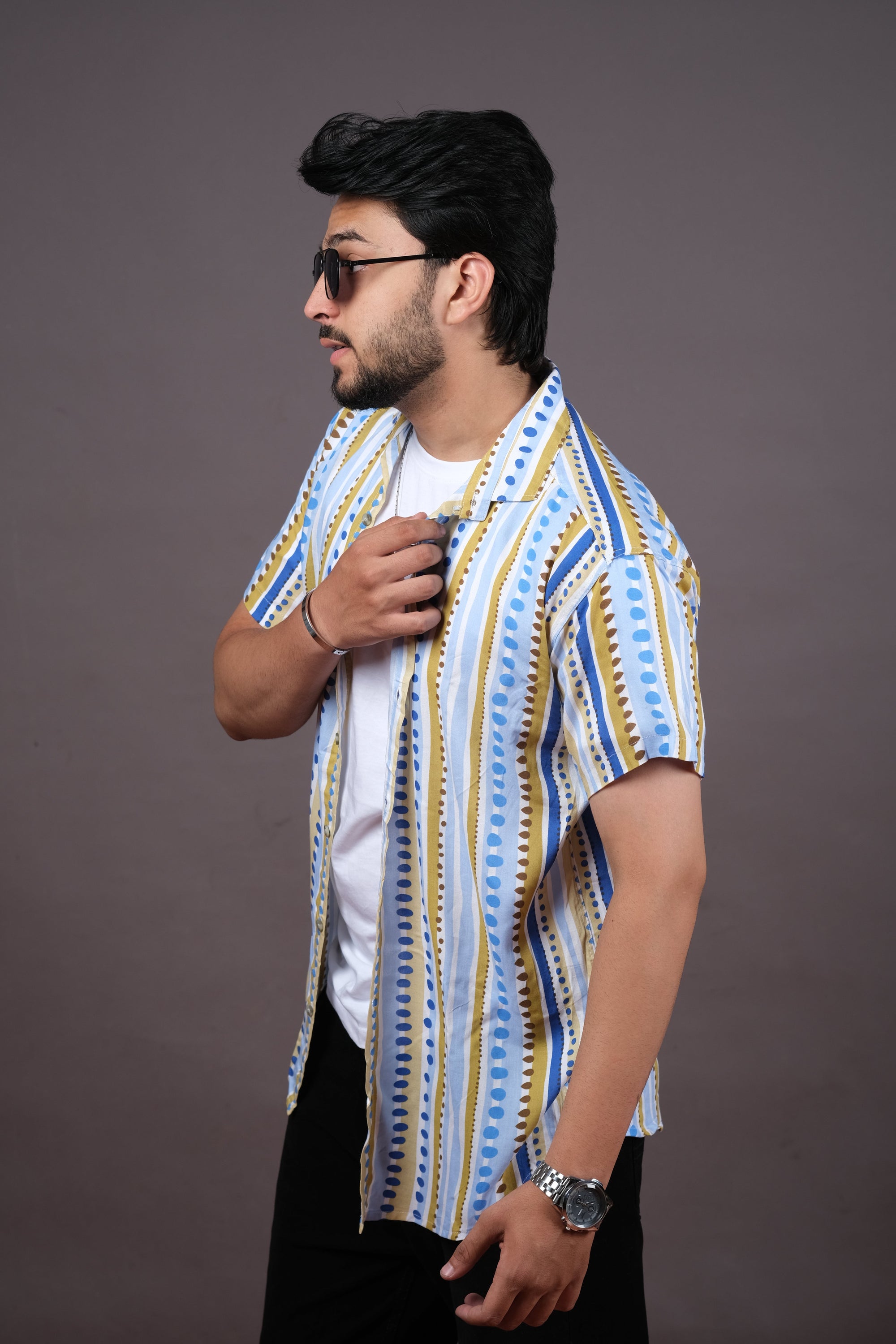 Men’s Blue Yellow Striped Printed Shirt