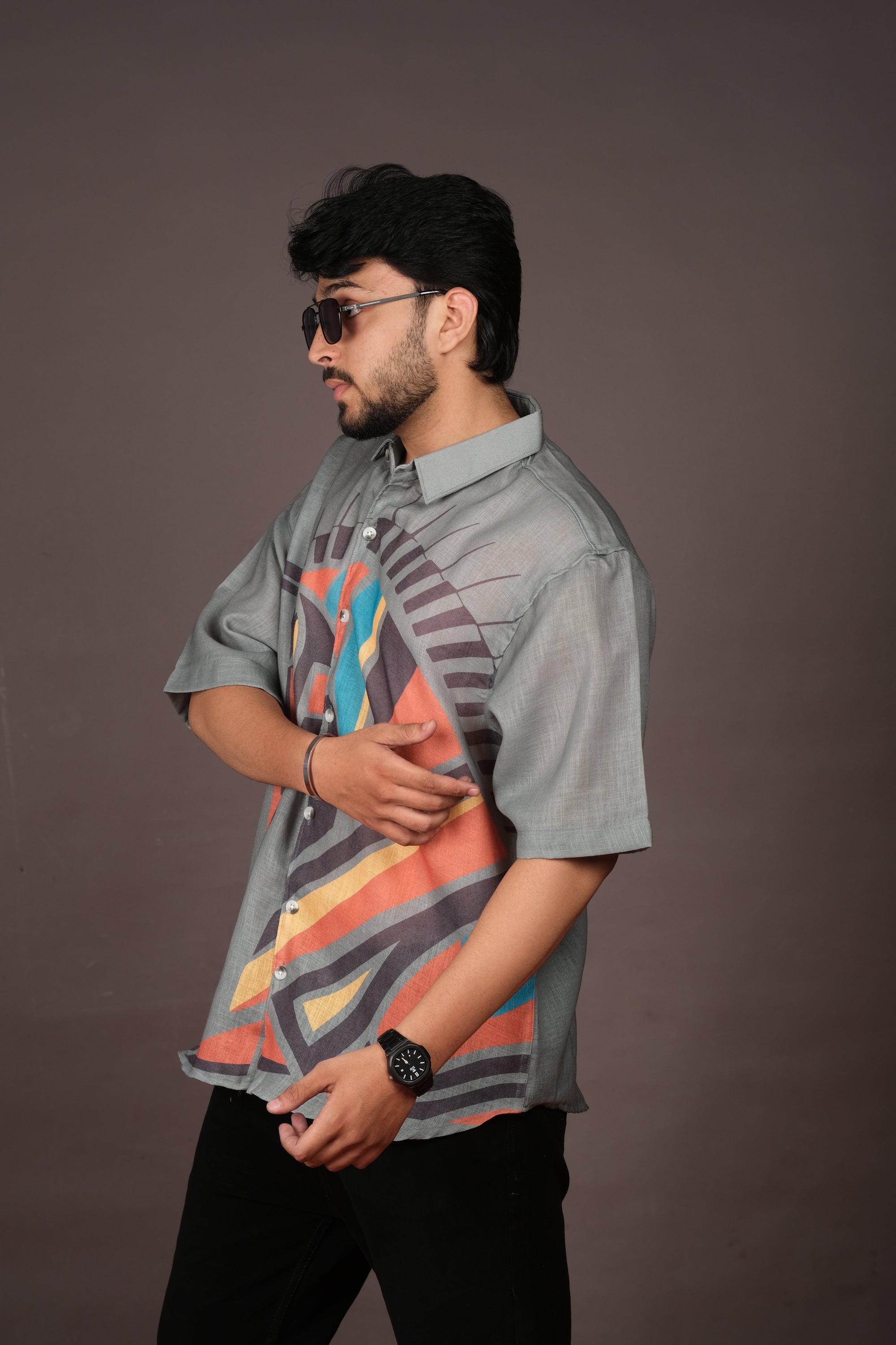 Men's Horse Print Grey Linen Blend Shirt