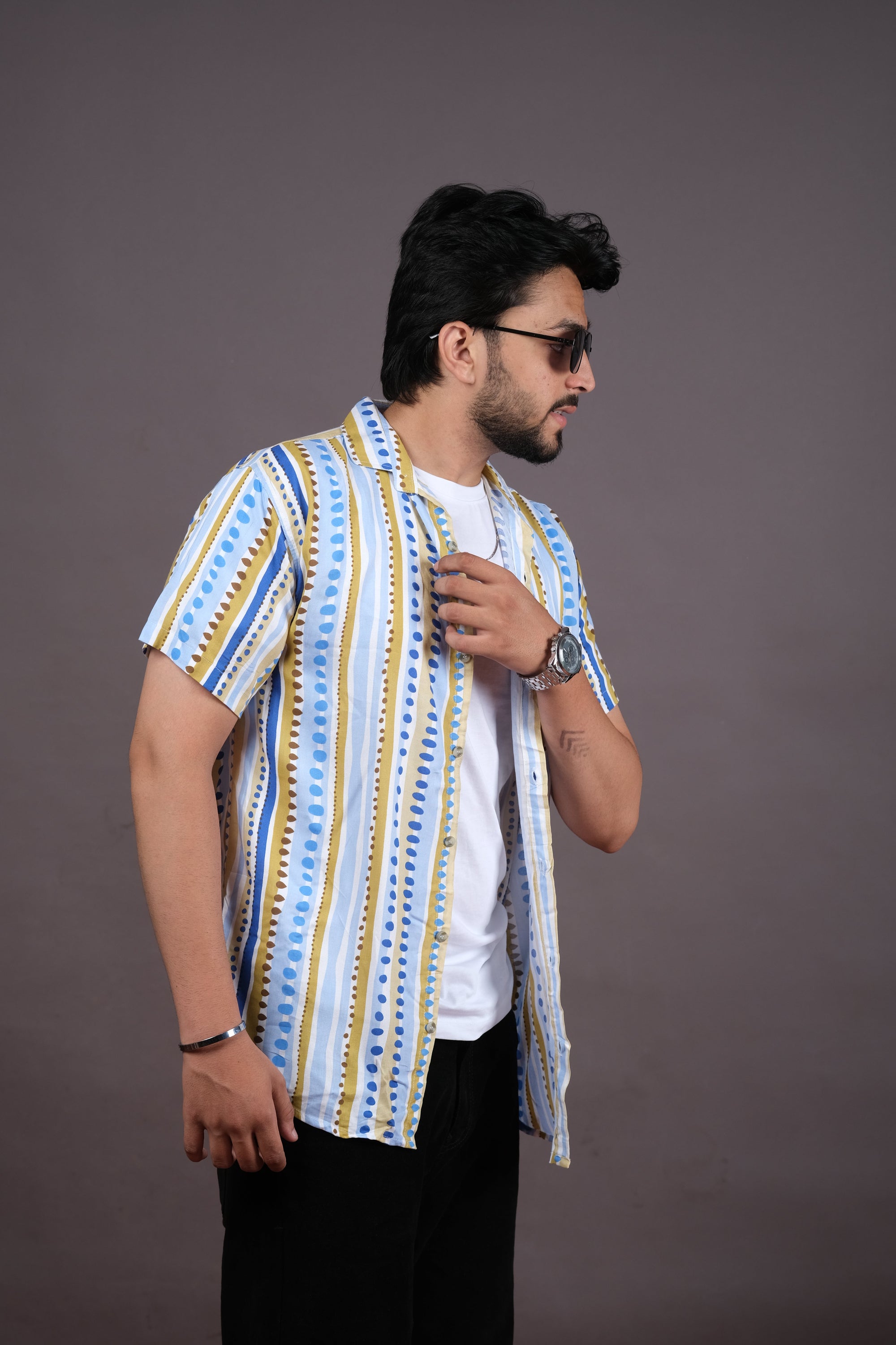 Men’s Blue Yellow Striped Printed Shirt