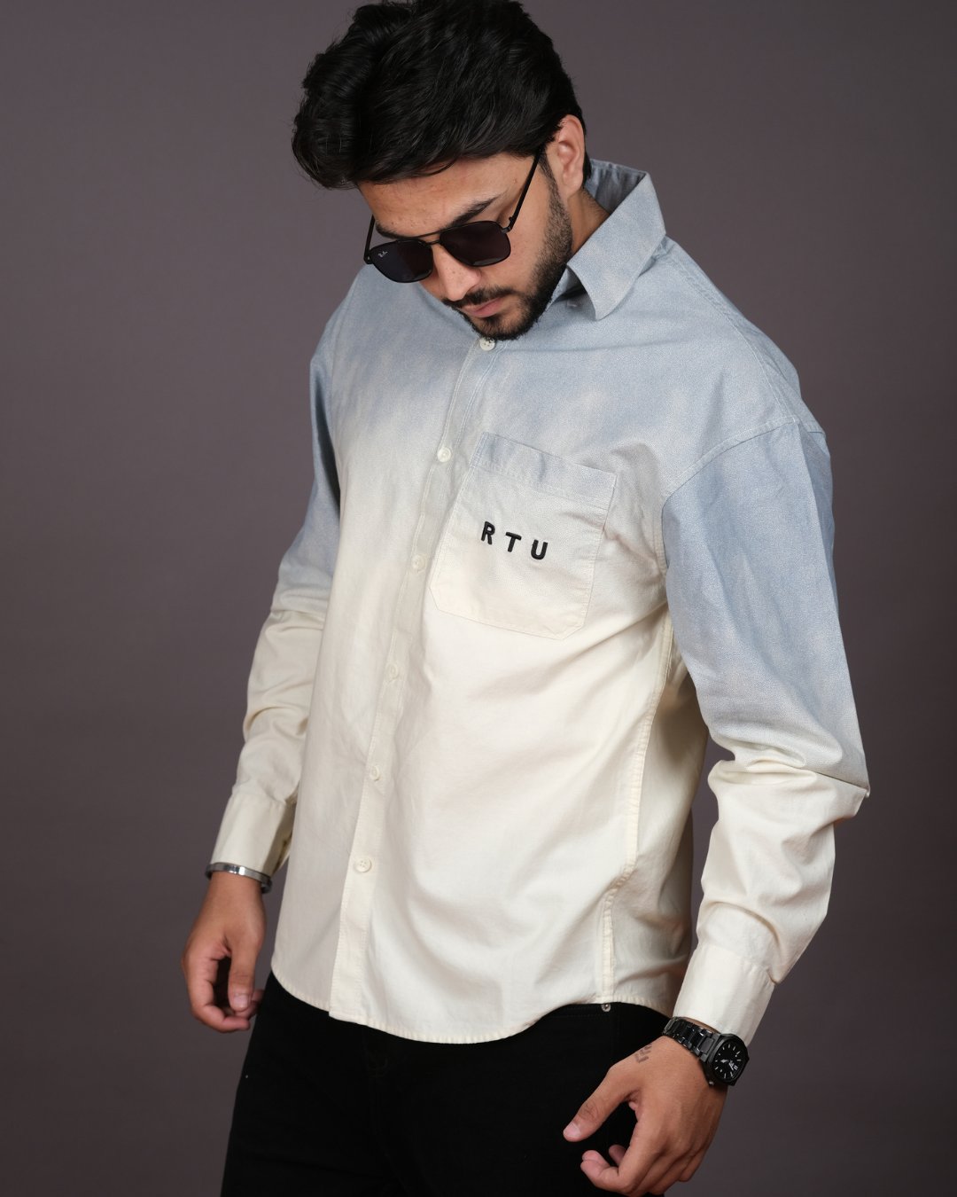 Men’s Sky Blue & Cream Ombre Long Sleeve Cotton Shirt