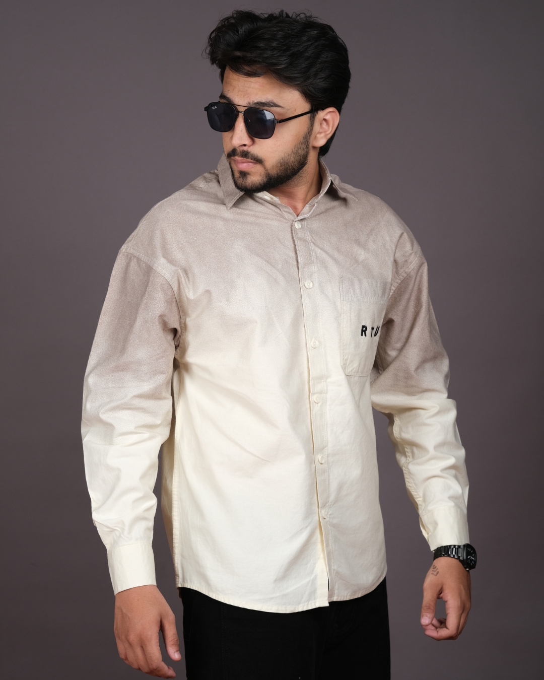 Men’s Beige & Cream Ombre Long Sleeve Shirt