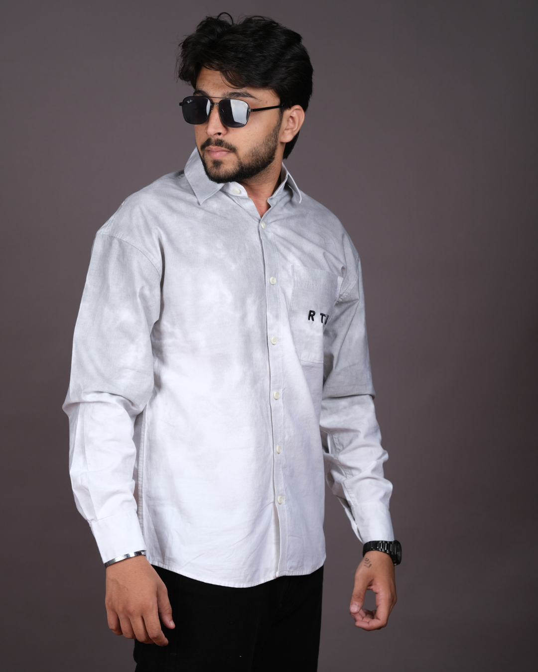 Men’s White & Grey Tie‑Dye Ombre Long Sleeve Shirt