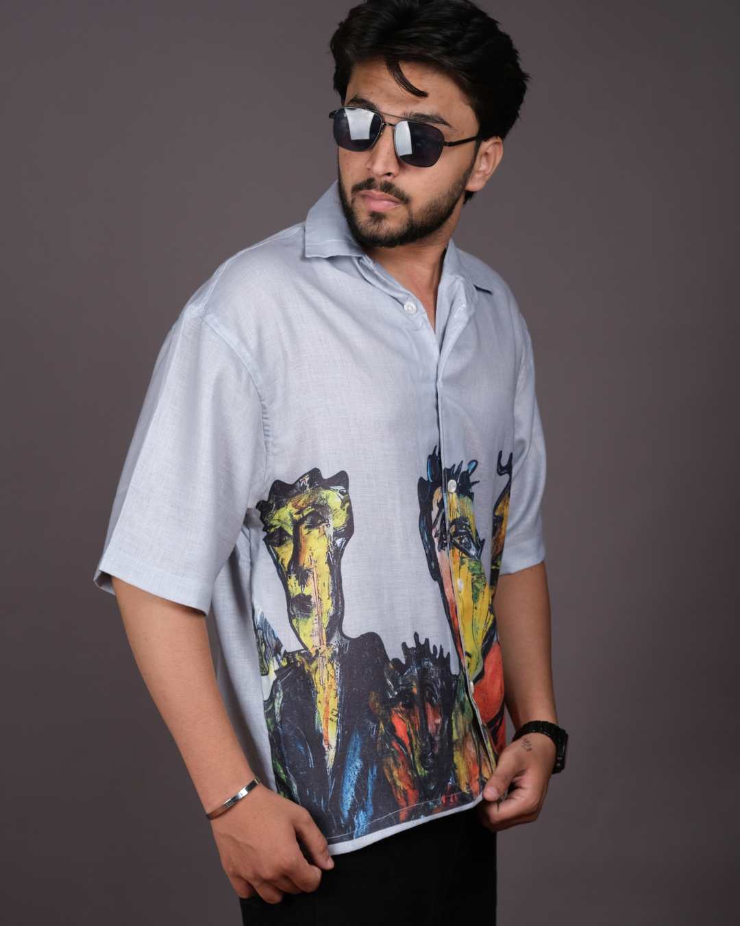 Men's Artistic Abstract Print Light Grey Linen Blend Shirt
