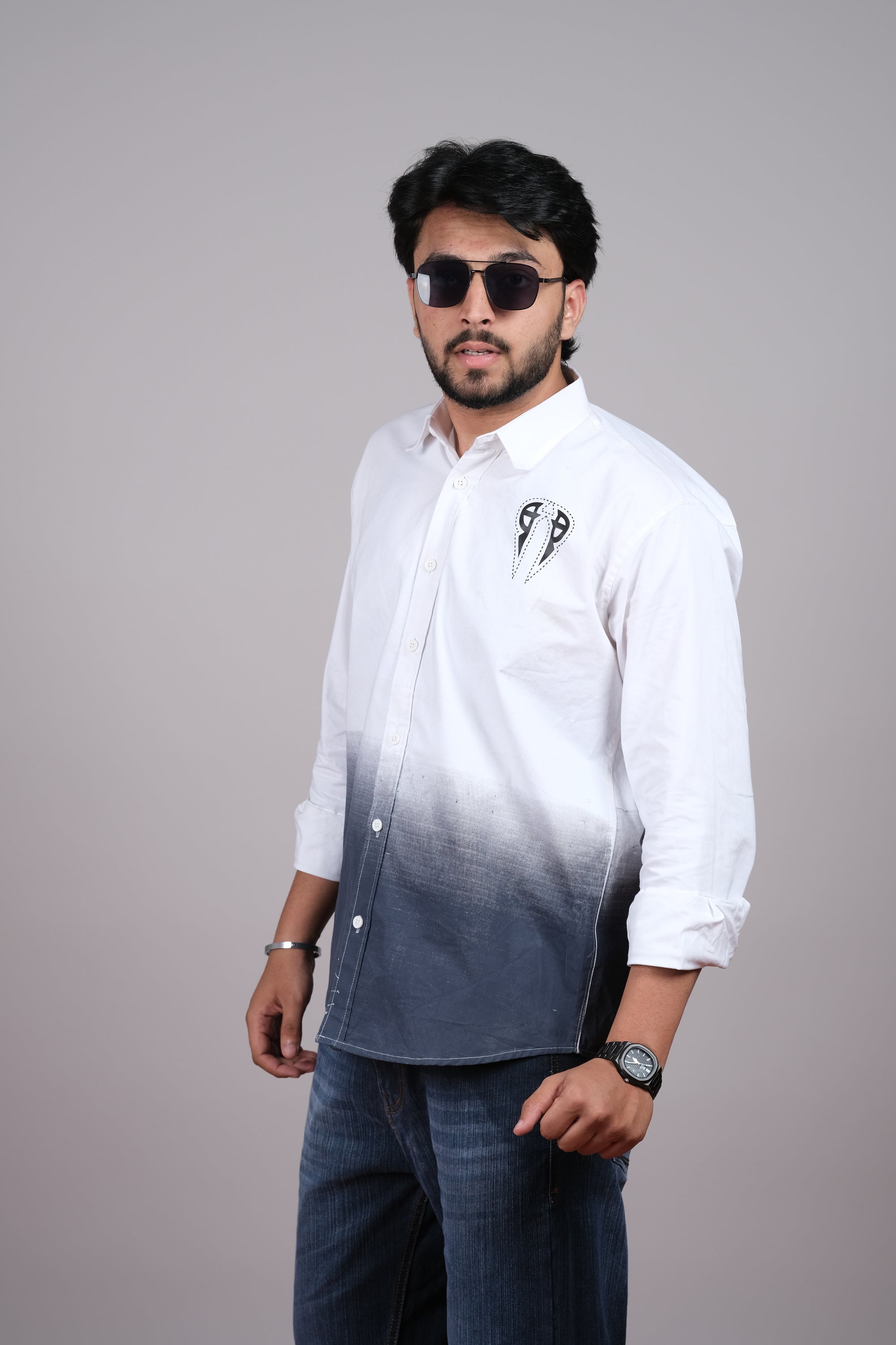 Men's Ombre White & Black Cotton Casual Shirt
