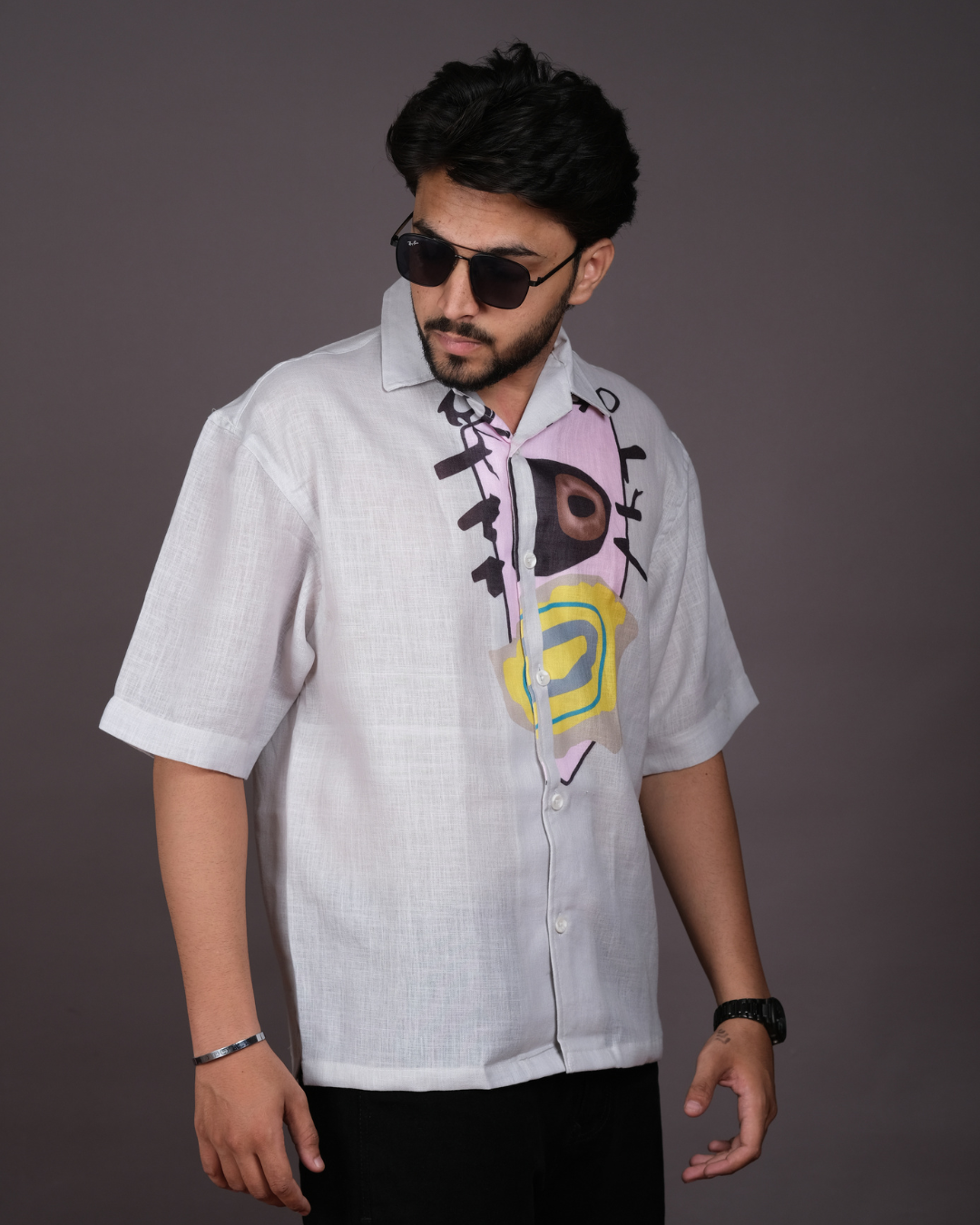 Men's Modern Abstract Print White Linen Blend Shirt