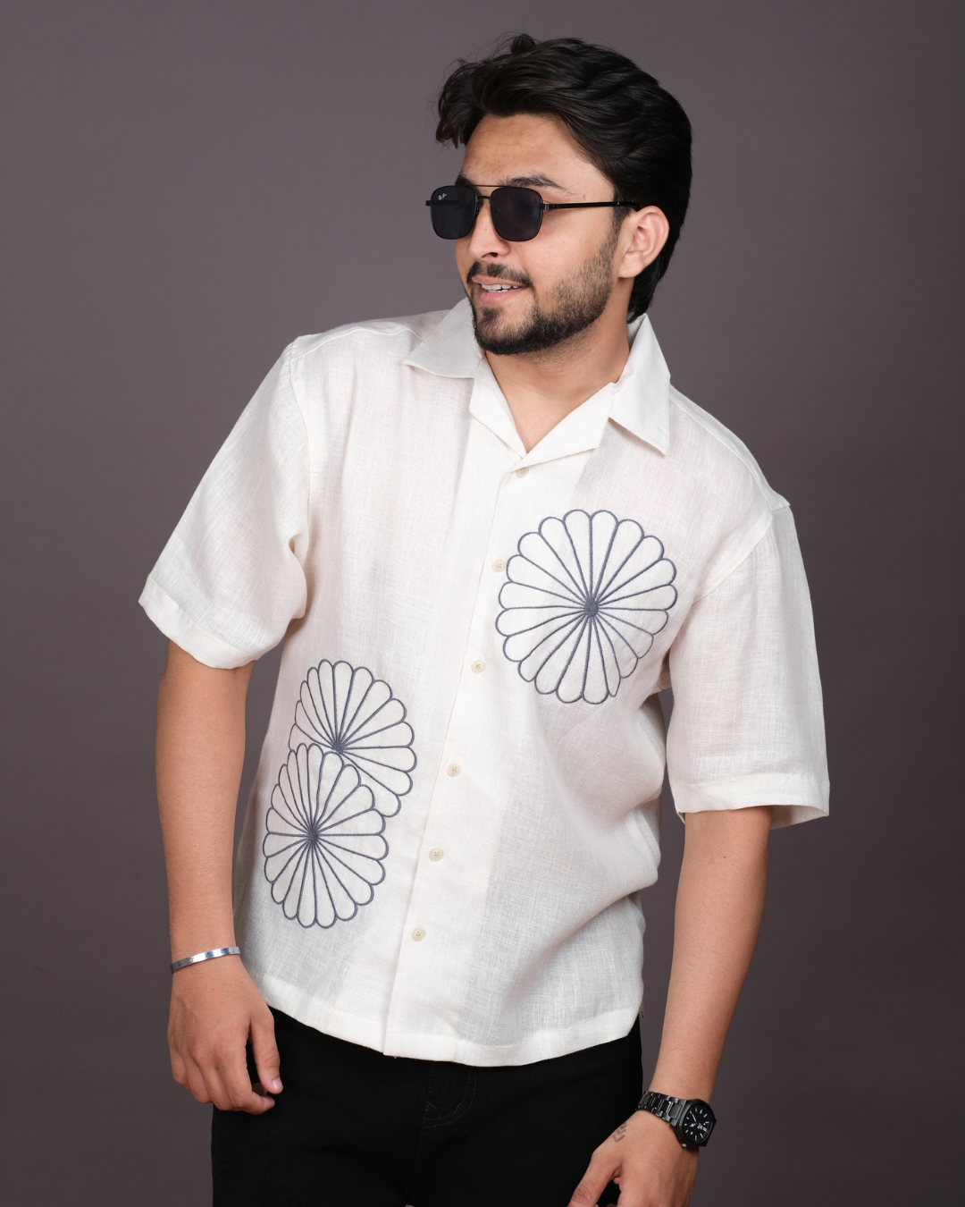 Men’s Linen Cuban Collar Shirt with Bold Floral