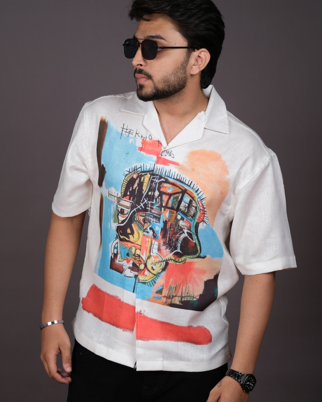 Men's Artistic Graffiti Print White Linen Blend Shirt