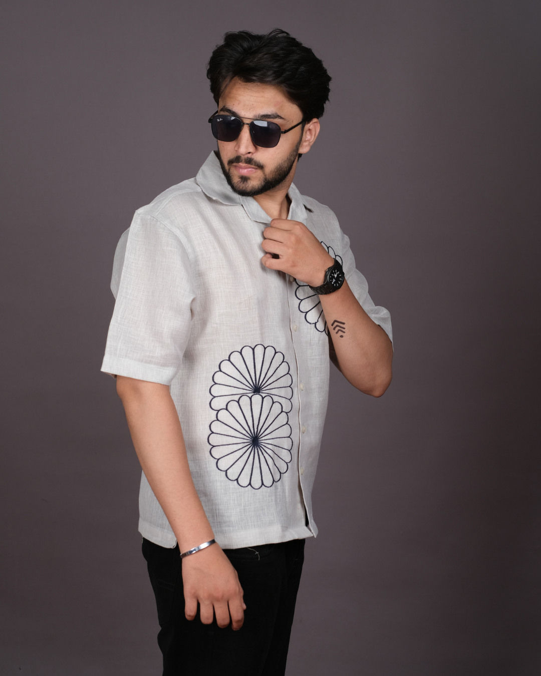 Men’s Linen Cuban Collar Shirt with Bold Floral