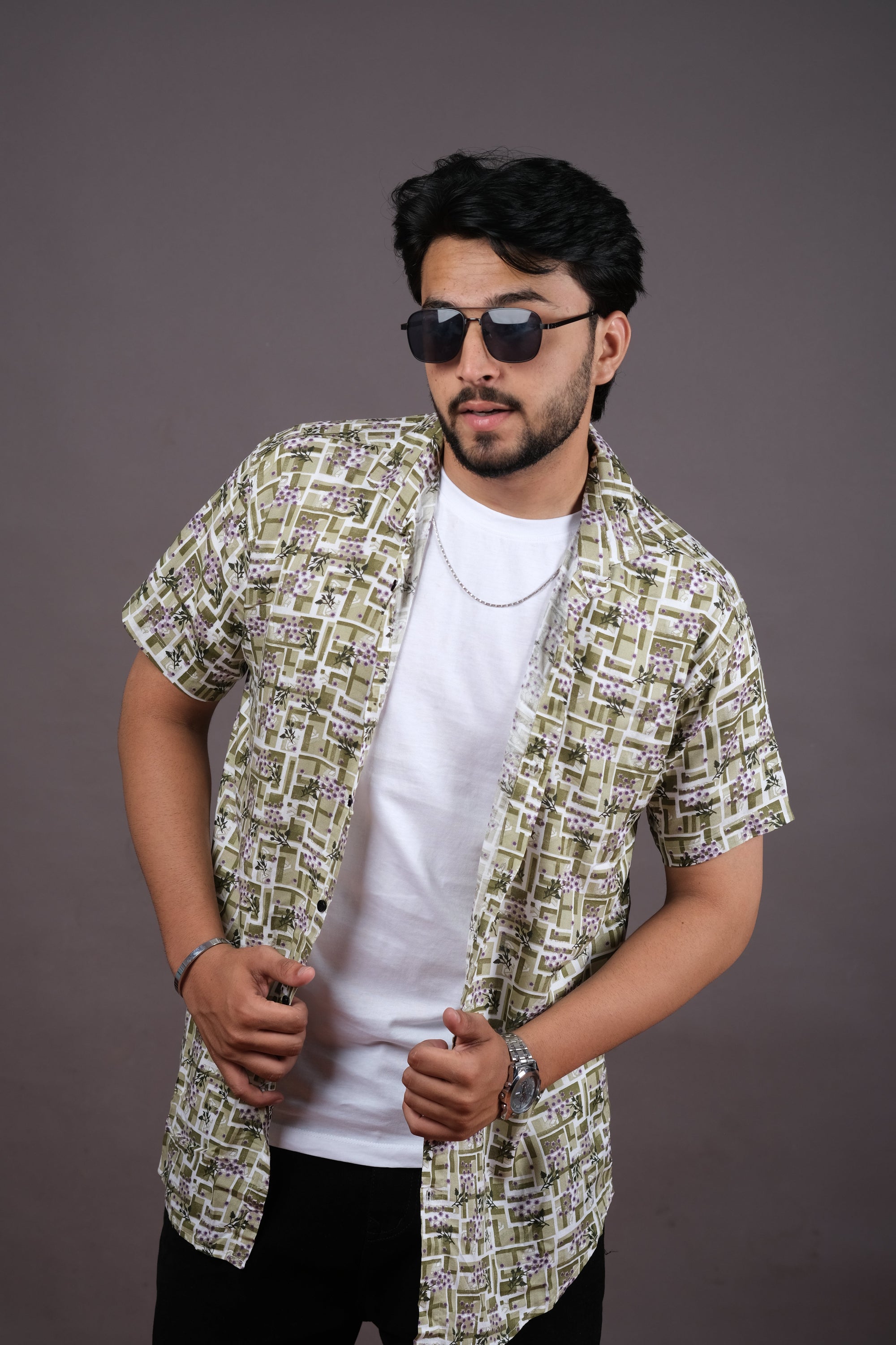Men’s Olive Green Geometric Print Shirt