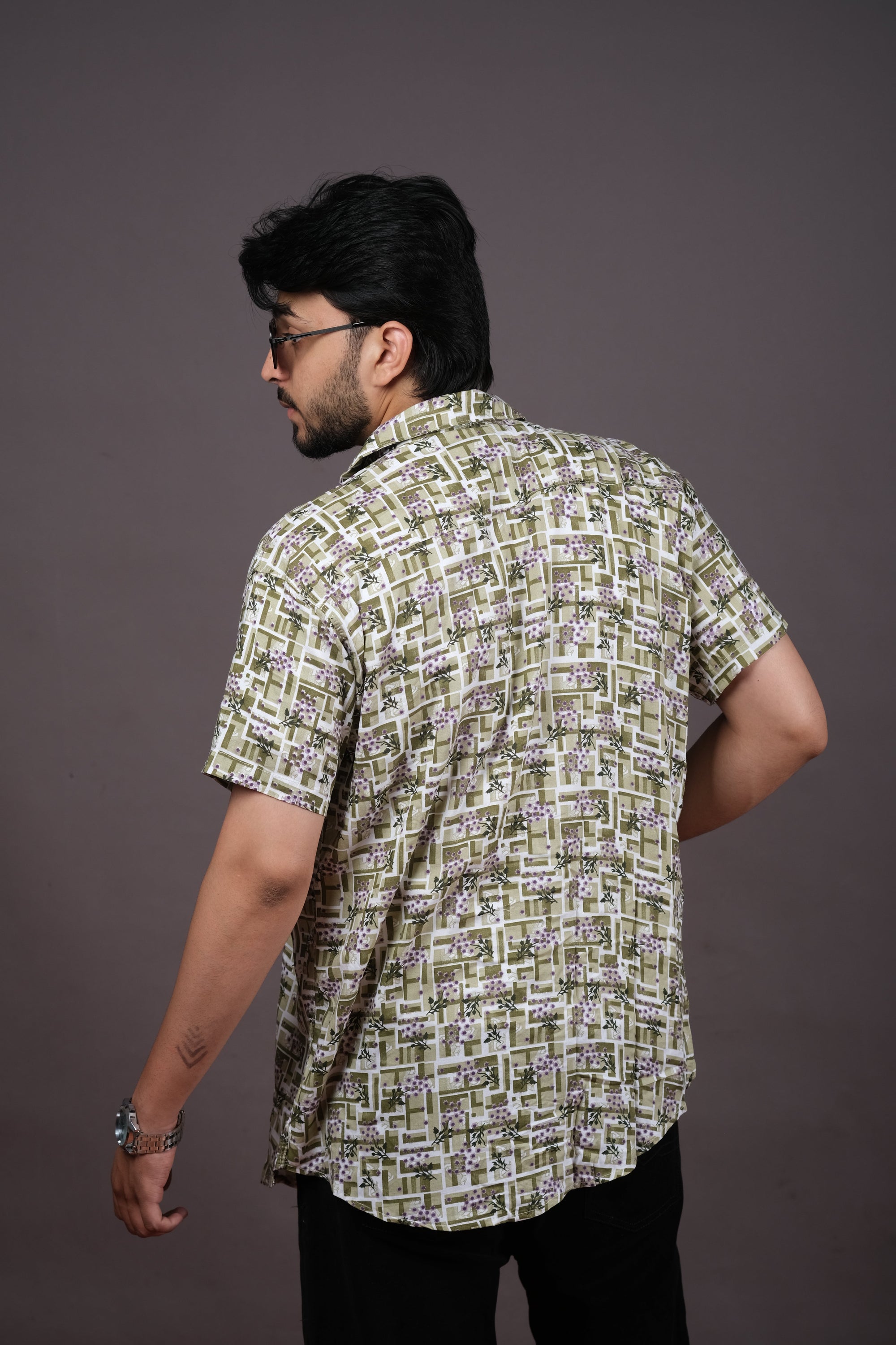 Men’s Olive Green Geometric Print Shirt