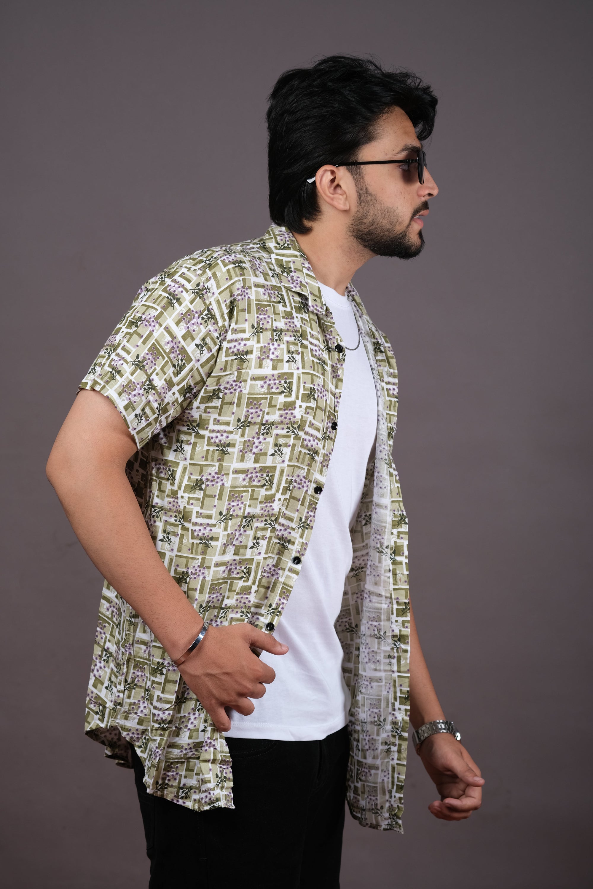 Men’s Olive Green Geometric Print Shirt