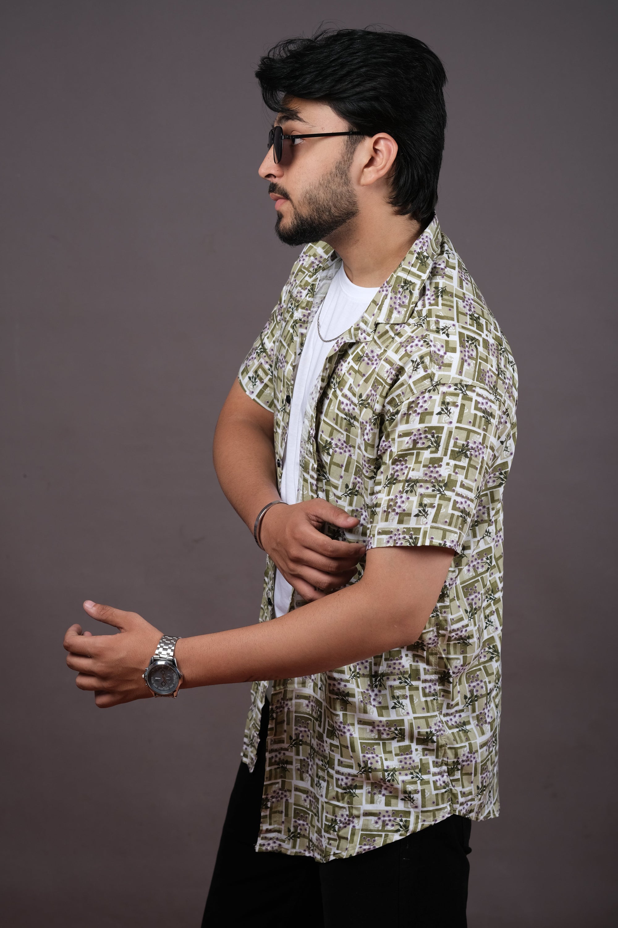 Men’s Olive Green Geometric Print Shirt