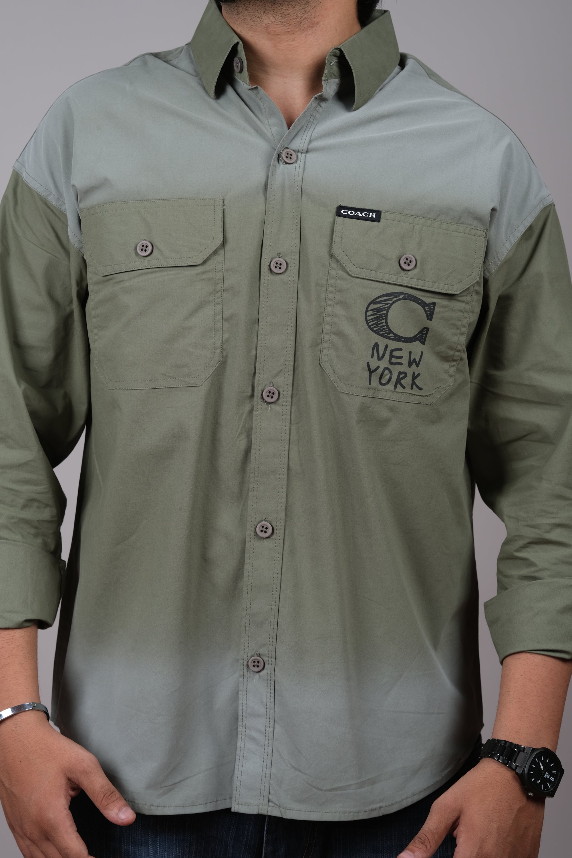 Stylish Olive Green Colorblock Shirt for Men