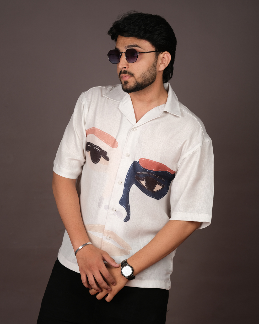 Men's Face Art White Linen Blend Shirt