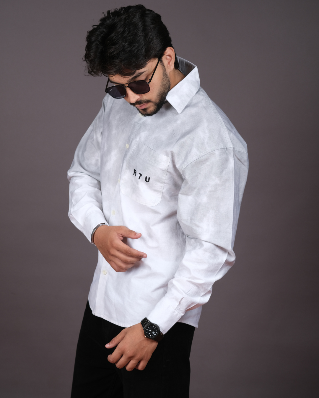 Men’s White & Grey Tie‑Dye Ombre Long Sleeve Shirt