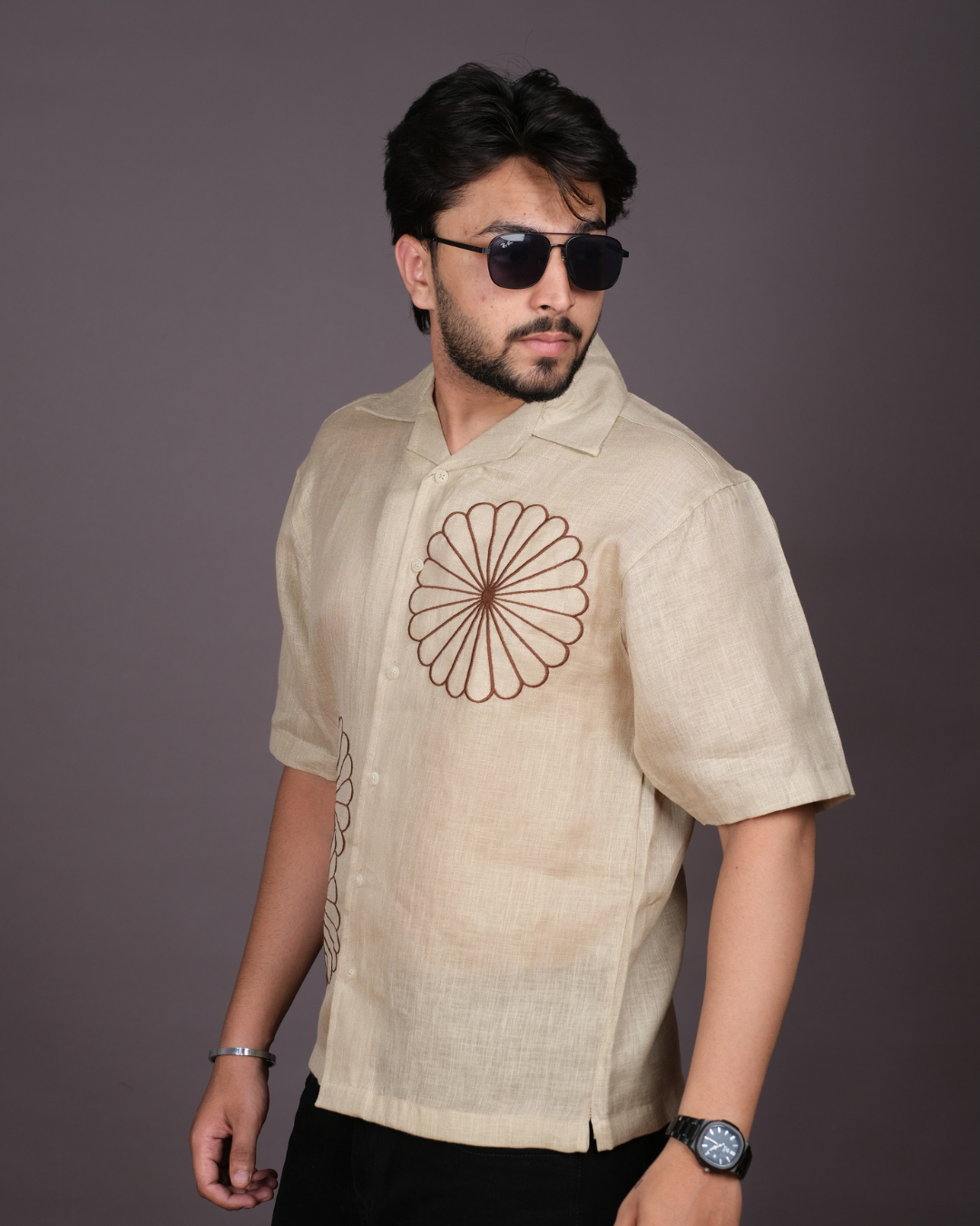 Men’s Linen Cuban Collar Shirt with Bold Floral