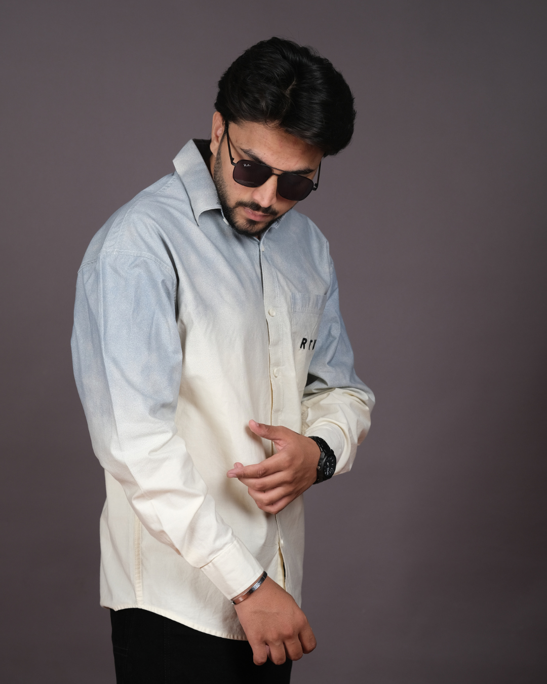 Men’s Sky Blue & Cream Ombre Long Sleeve Cotton Shirt