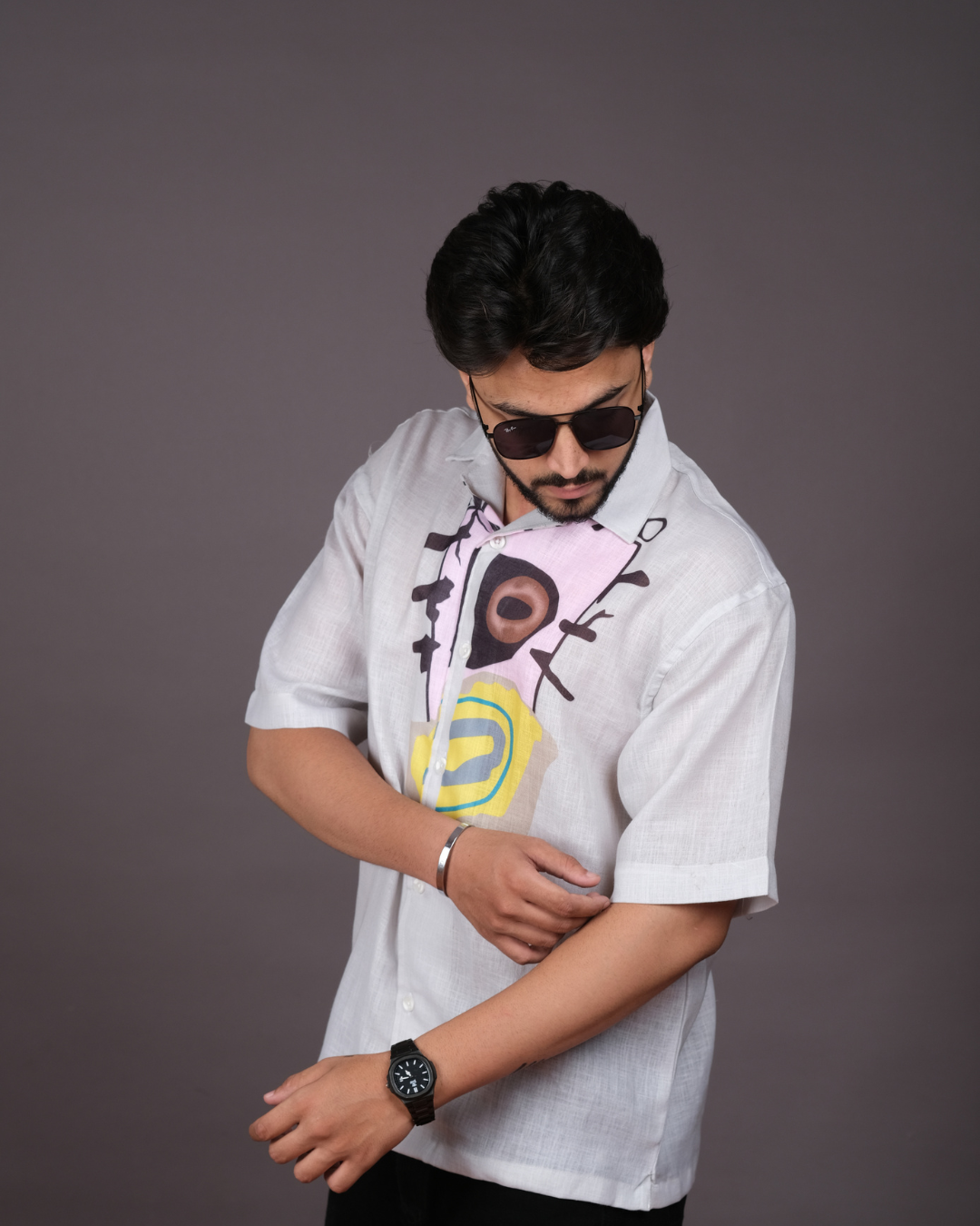 Men's Modern Abstract Print White Linen Blend Shirt