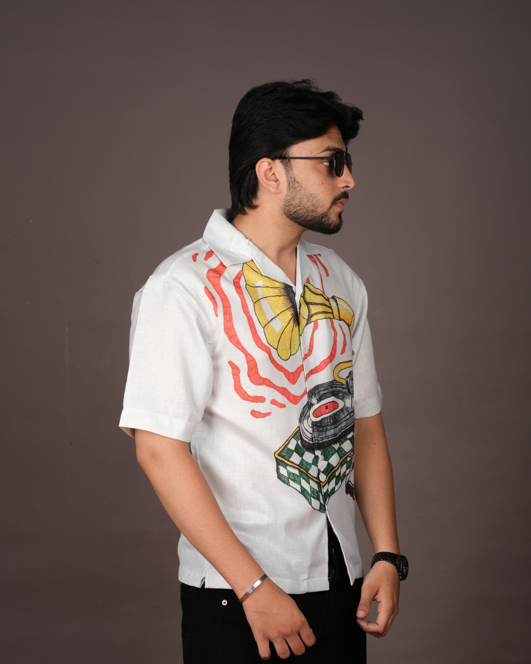 Men's Retro Print White Linen Blend Shirt