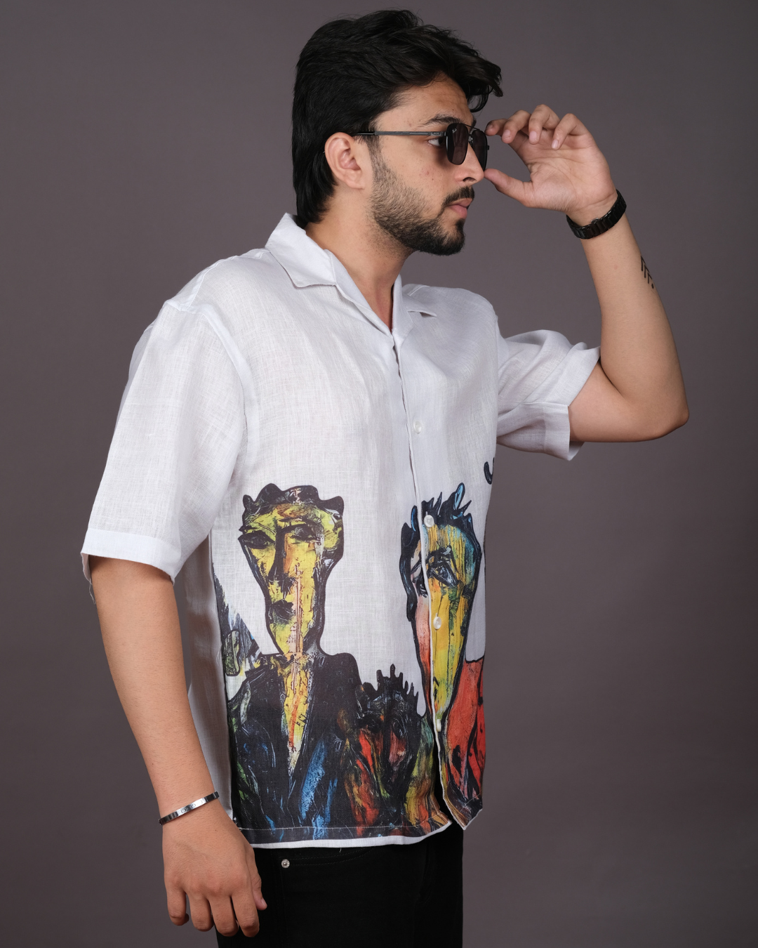 Men's Artistic Abstract Print White Linen Blend Shirt