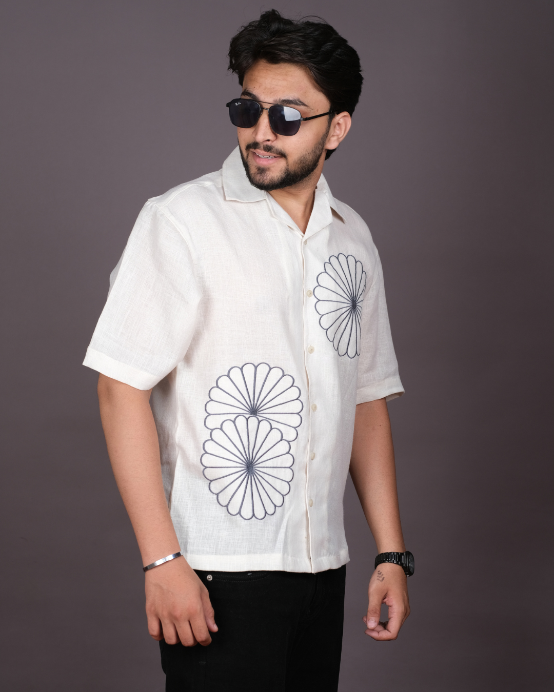 Men’s Linen Cuban Collar Shirt with Bold Floral