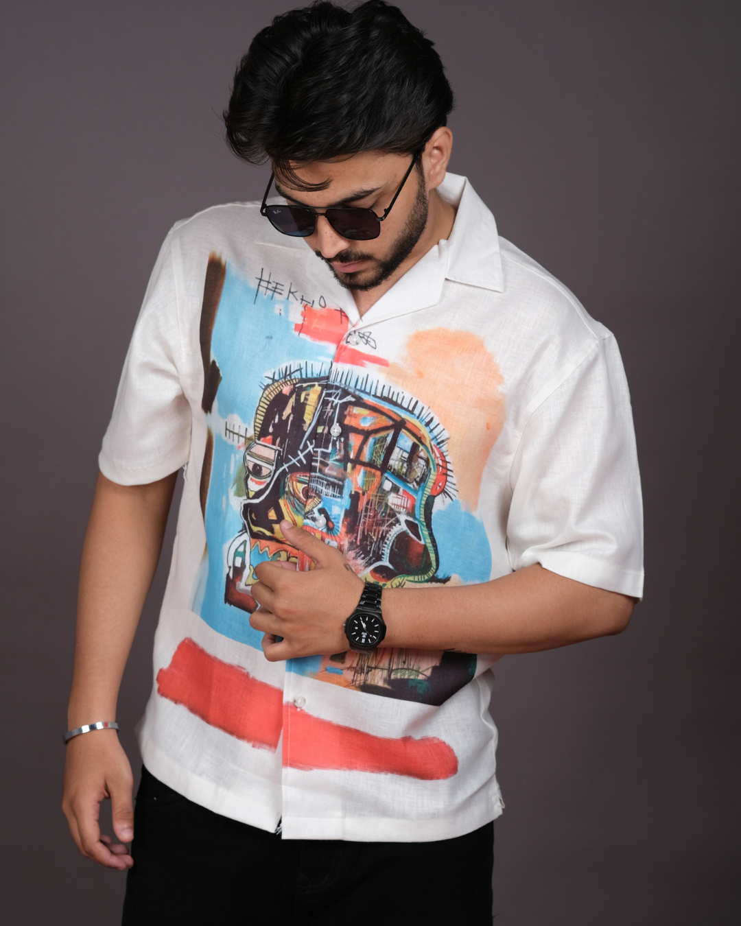Men's Artistic Graffiti Print White Linen Blend Shirt