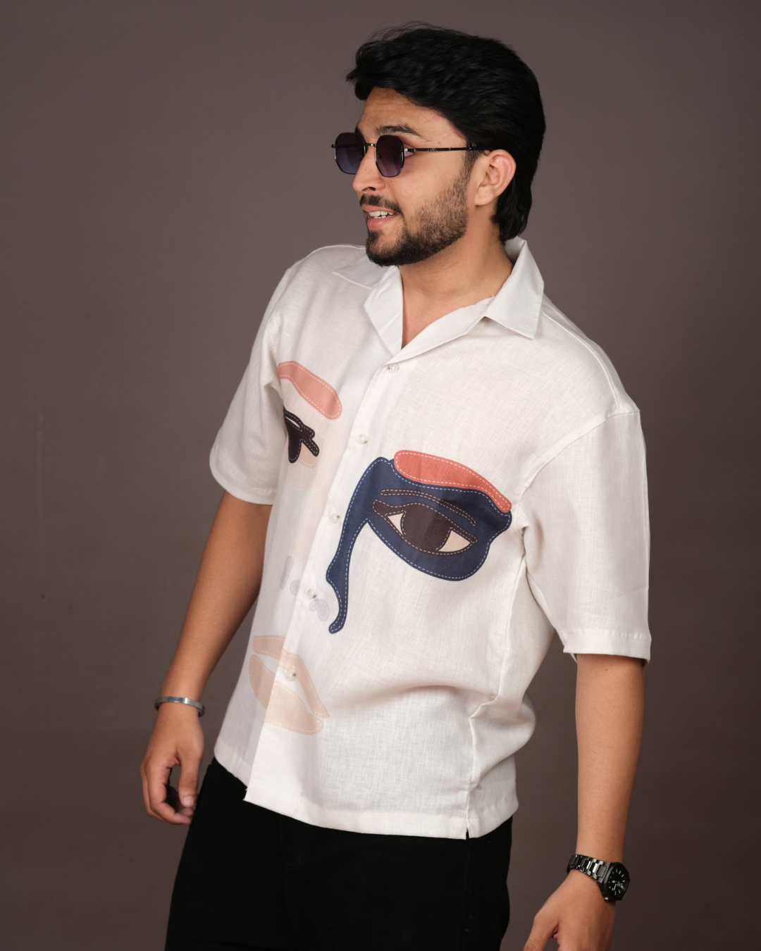 Men's Face Art White Linen Blend Shirt