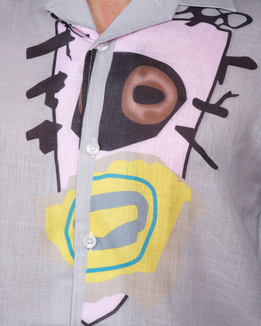 Men's Modern Abstract Print Light Grey Linen Blend Shirt